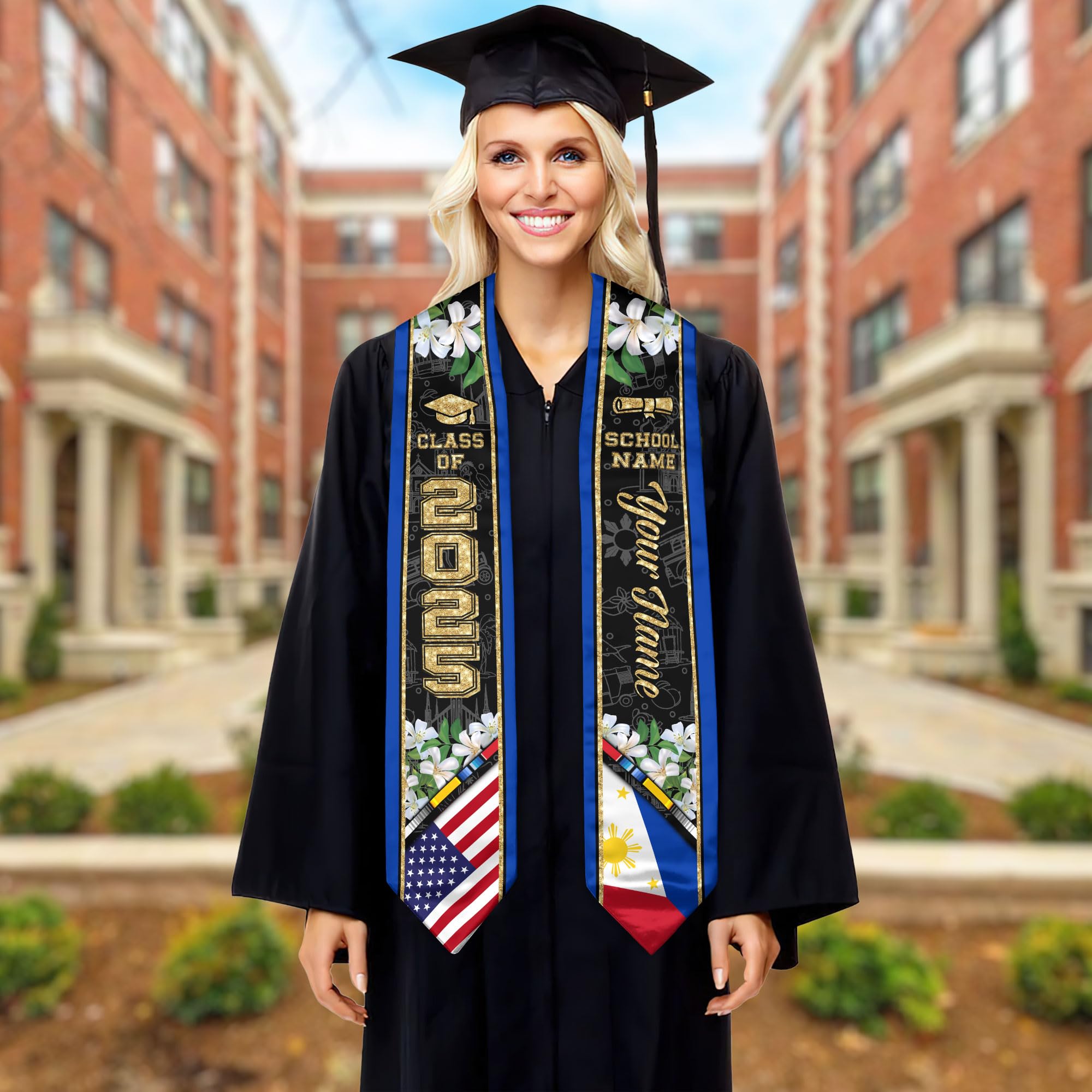Custom Filipino American Flag Graduation Sash 2025 - Philippines Themed Graduation Stole for High School & College Ceremonies - Perfect for Filipino Heritage Celebrations & Cultural Events