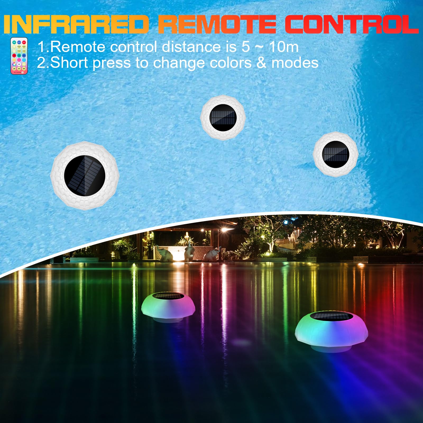 Solar Pool Chlorine Floater with Remote Control - IP68 Waterproof RGB & White LED Lights for Above Ground/Inground Pools, Hot Tubs & Spas - Perfect for Night Swimming & Pool Parties