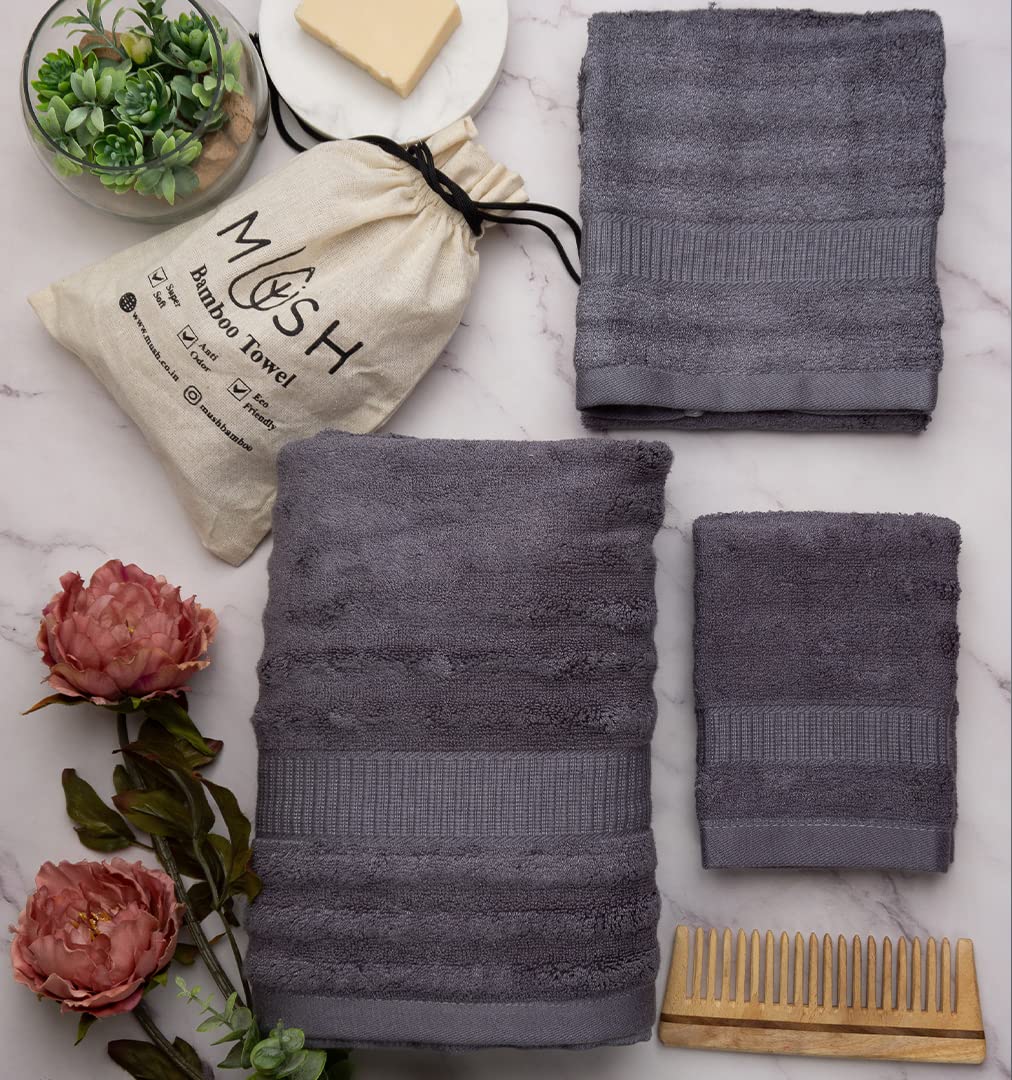 Premium 3-Piece Bamboo Towel Set - Ultra Soft, Absorbent & Antimicrobial 600 GSM (Bath, Hand & Face Towels) | Ideal for Spa, Luxury Bathing & Thoughtful Gifts | Space Grey