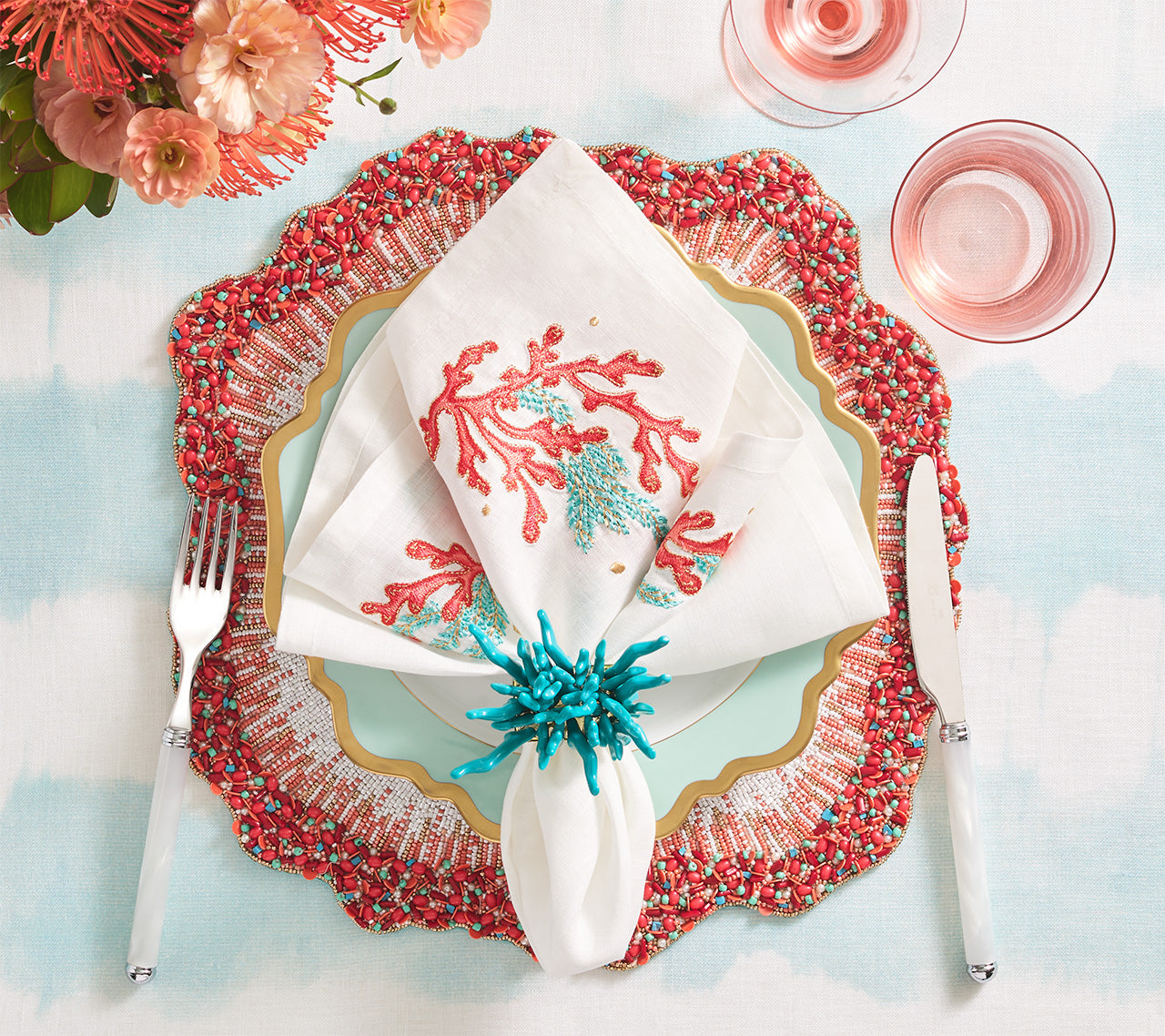 Reef Chic Placemats Set of 2 - White Coral & Turquoise Waterproof Table Mats for Dining, Kitchen, Beach Picnics & Outdoor Entertaining