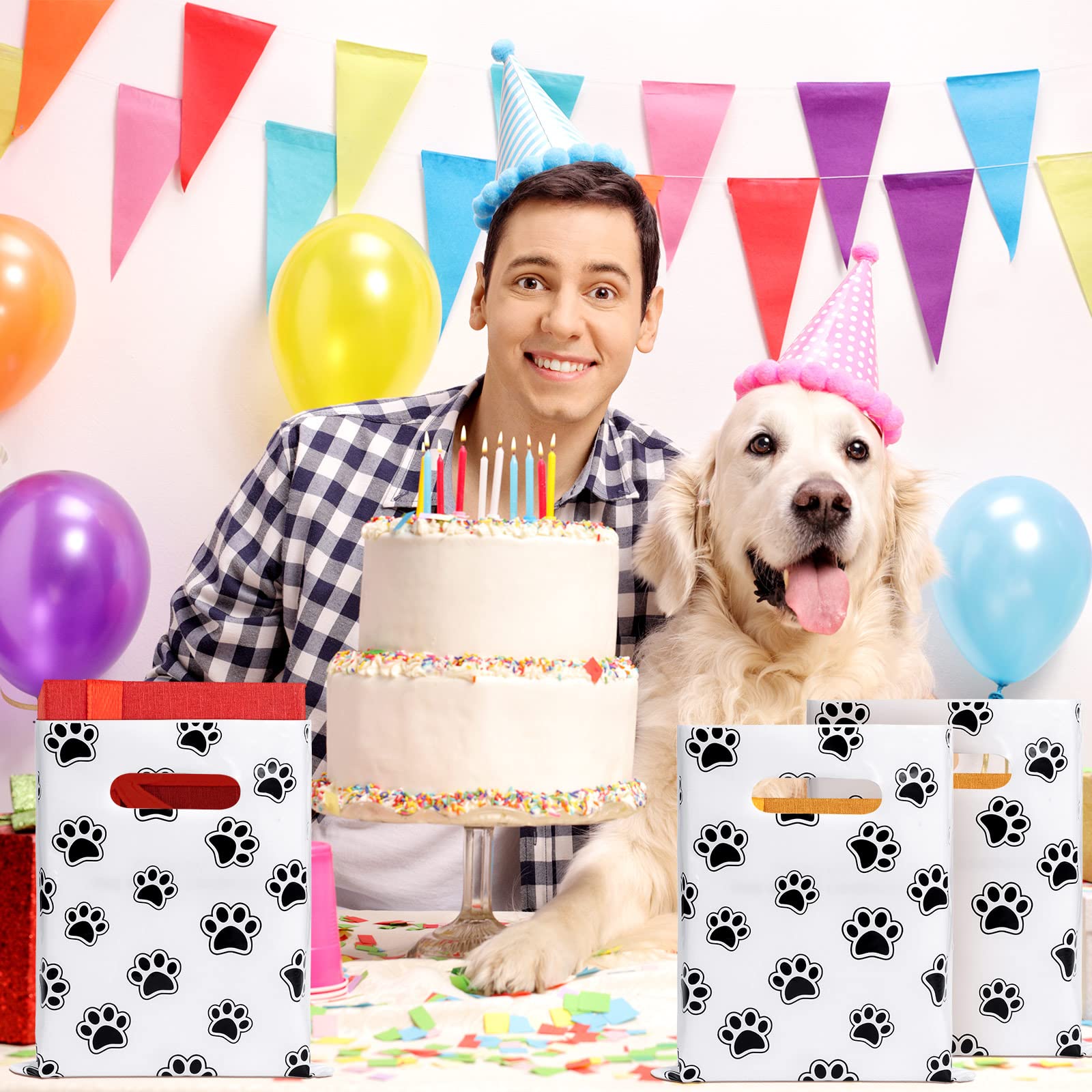 100 Pack Thick Plastic Puppy Paw Print Shopping Bags with Handles - 8x10 Inch Bulk Retail Merchandise Bags for Pet Stores, Christmas Gifts & Boutique Packaging | Durable & Eco-Friendly Pet-Themed Shopping Bags