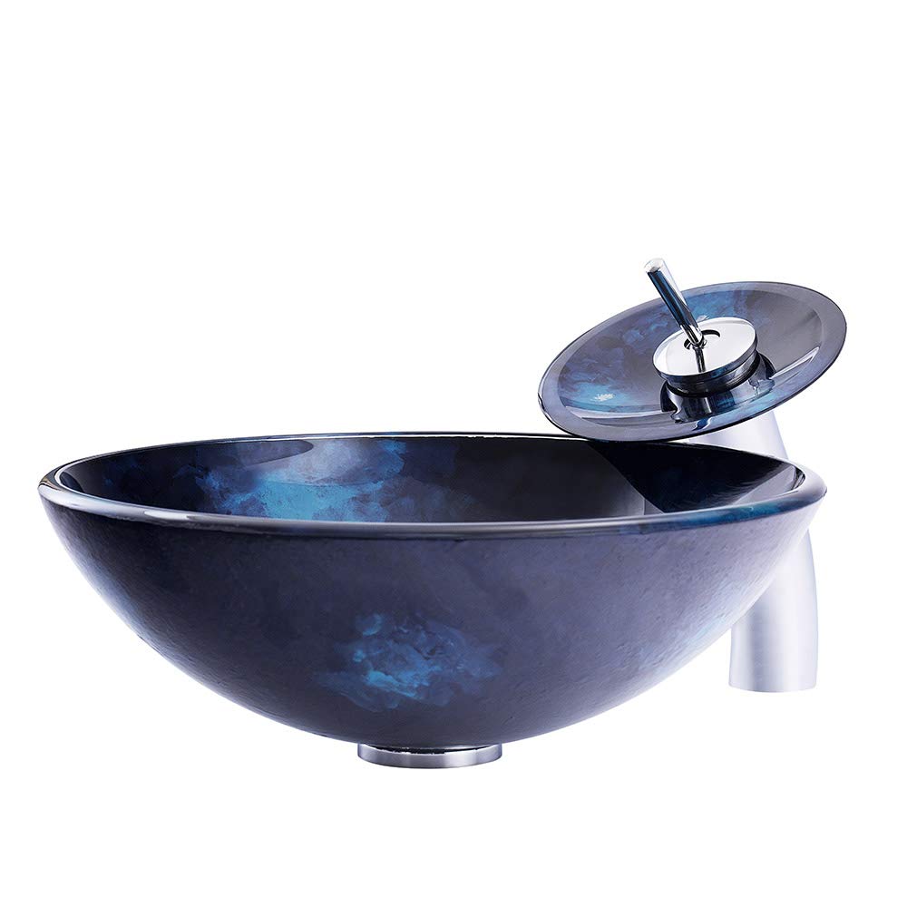 Modern Navy Blue Tempered Glass Vessel Sink - Round Bathroom Vanity Sink for Countertop Installation with Pop-Up Drain - Artistic Waterfall Faucet Compatible - Perfect for Contemporary Bathroom & Powder Room Decor
