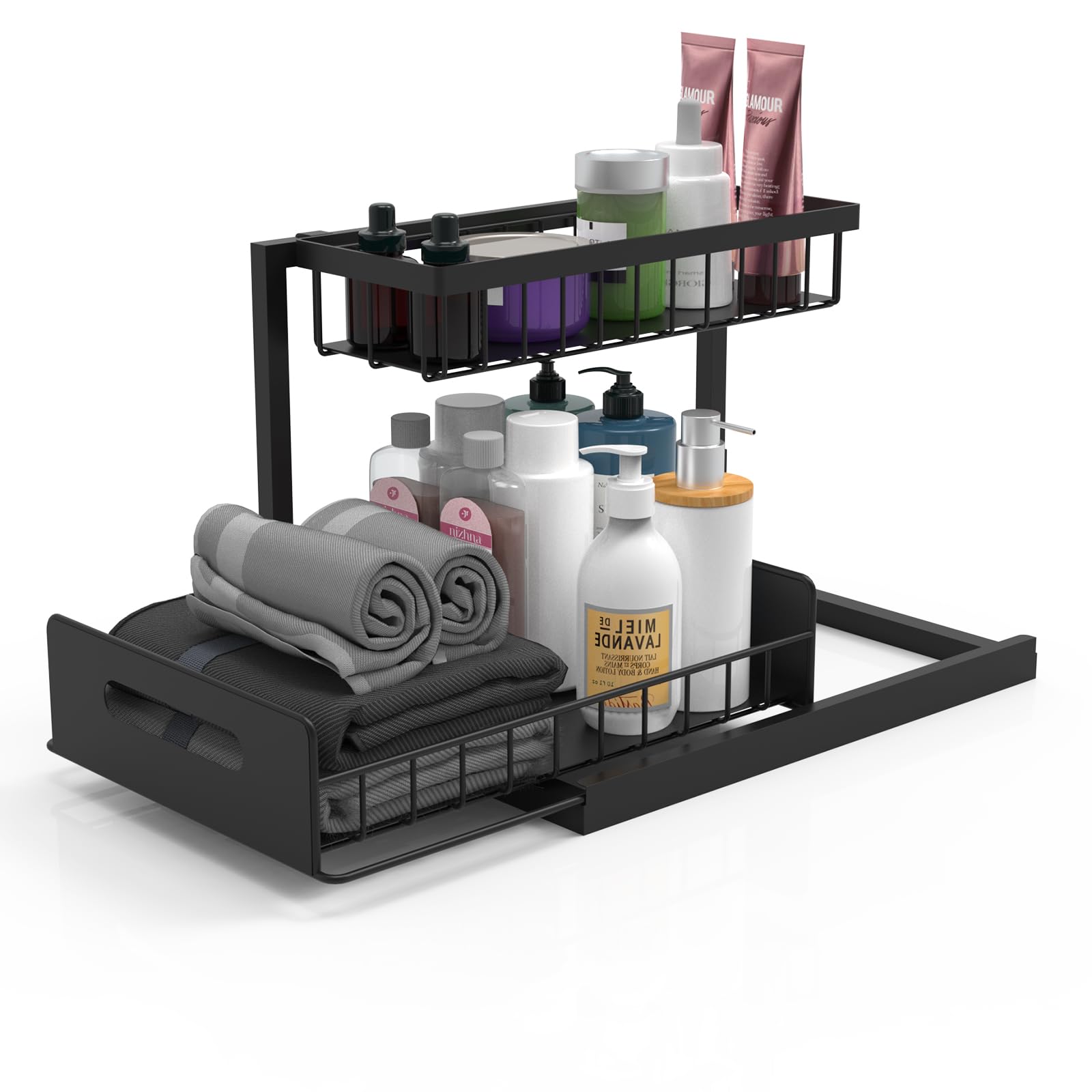 2-Tier Pull Out Under Sink Organizer - Sliding Cabinet Shelf for Kitchen & Bathroom Storage | Space-Saving Solution for Cleaning Supplies, Cosmetics & Toiletries