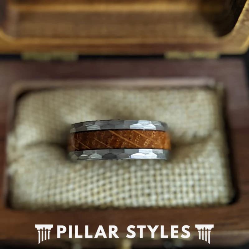 Tungsten Hammered Wedding Band for Men - Silver Whiskey Barrel Ring with Bourbon Wood Inlay, Rustic Wooden Anniversary Gift for Him - Perfect for Bourbon Lovers, Groomsmen Gifts & Special Occasions