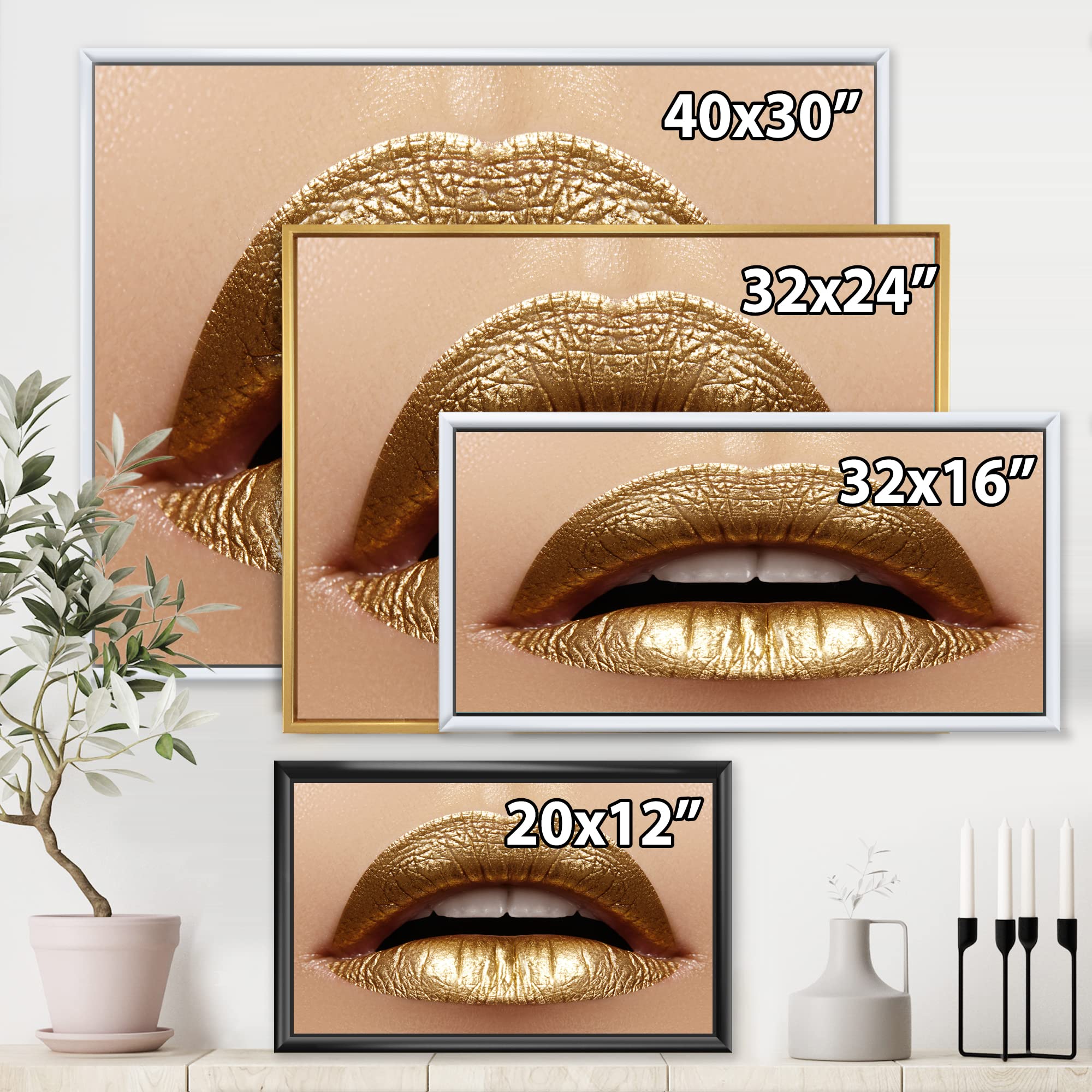 Golden Lipstick Plump Lips Canvas Wall Art Print - Modern Framed Home Decor for Living Room, Bedroom & Office