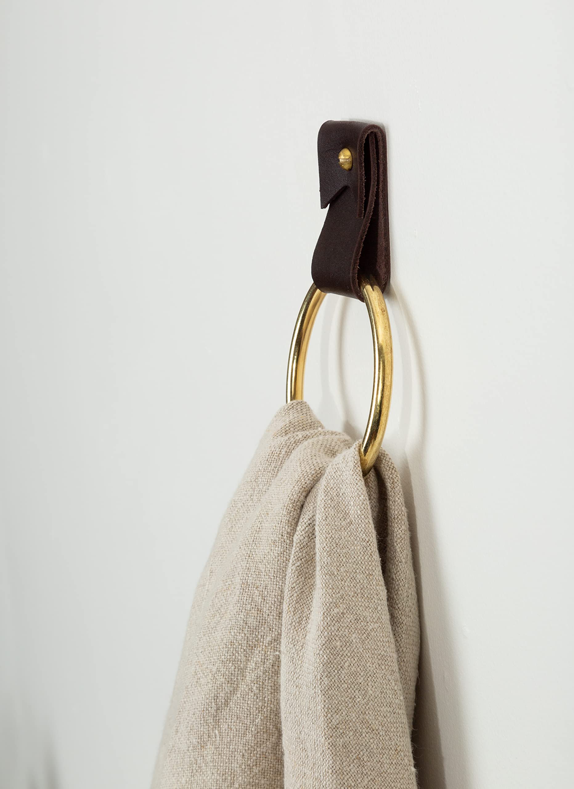 KEYAIIRA - Small Wide Leather Wall Hook, Minimalist Steel Towel Ring for Bathroom, Hand Towel Holder with Leather Loop Strap - Perfect for Wall Hanging, Kitchen, Entryway & Decorative Storage