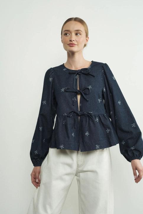 Lara Women's Bow Print Denim Blouse with Bow Tie - Stylish Casual Shirt for Office, Date Night & Spring Outfits
