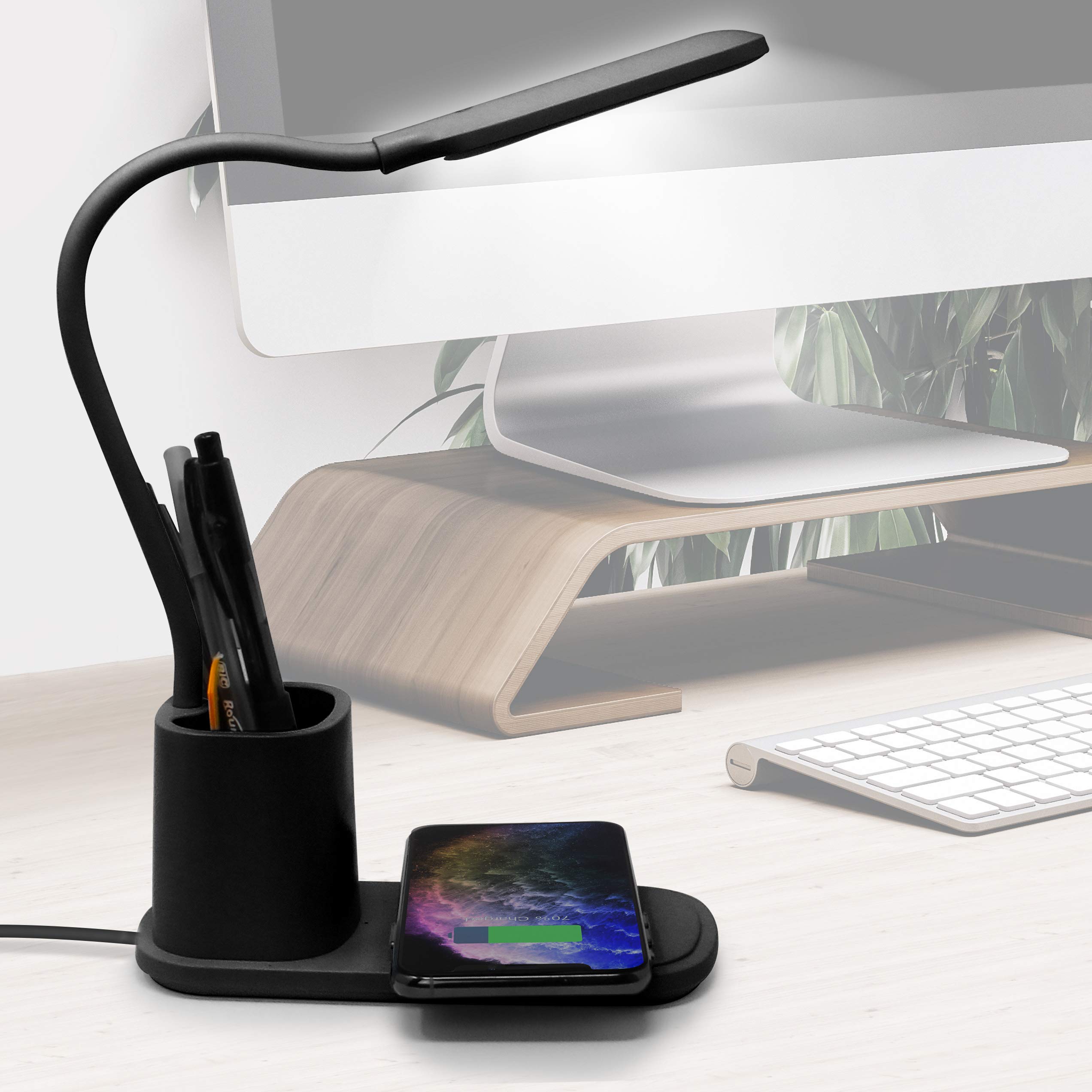 Aduro U-Light LED Desk Lamp with Wireless Charger - Dimmable Eye-Caring Light, 3 Brightness Levels & Organizer - Perfect for Home Office, Study & Reading (Black)