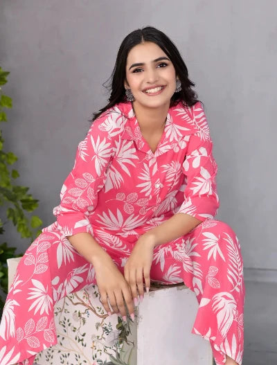Palm Pink Printed Co-Ord Set for Women | Trendy Matching Outfit | UK Next Day Delivery | Perfect for Beach Vacations & Summer Parties