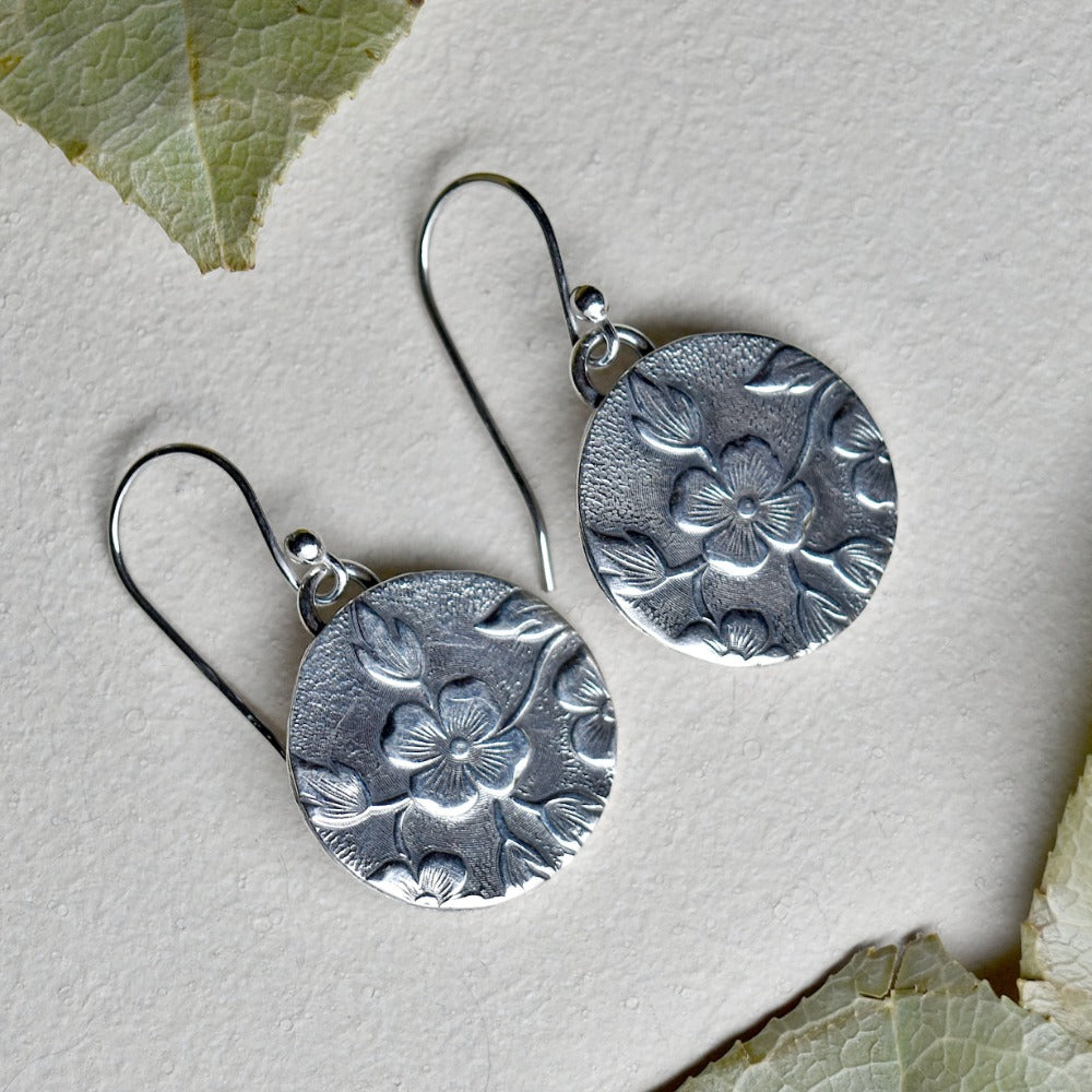 Floral Die Struck Silver Earrings - Elegant Sterling Silver Dangle Earrings for Women - Perfect for Weddings, Parties & Everyday Wear