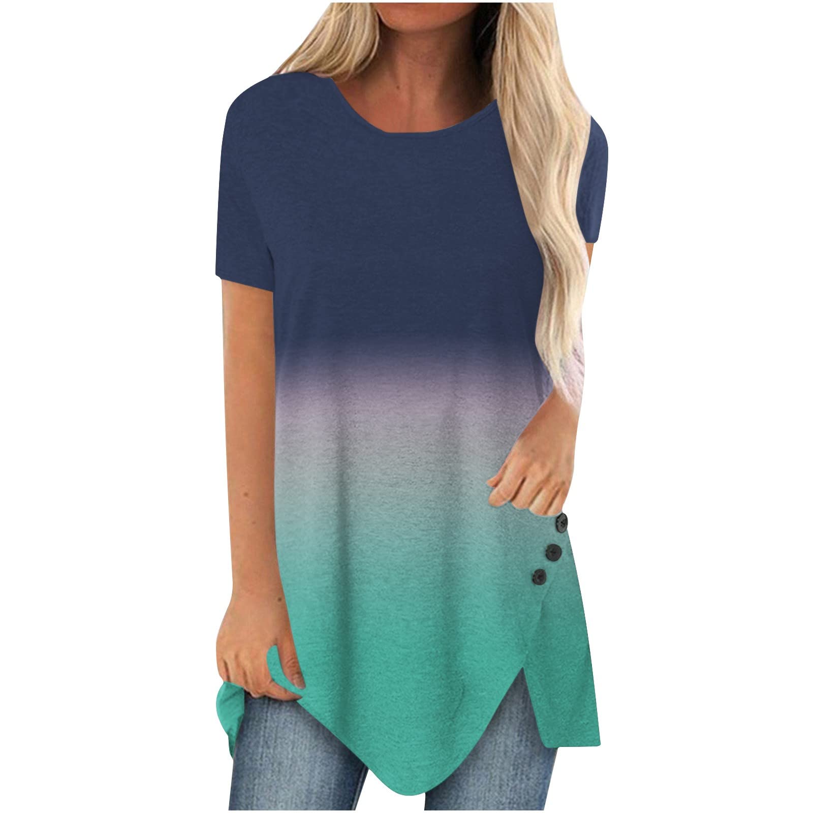Stylish Plus Size Women's Summer Tops - Gradient Print Short Sleeve Blouse with Flowy Irregular Hem | Cute Casual T-Shirts for Everyday Wear & Vacation Outfits