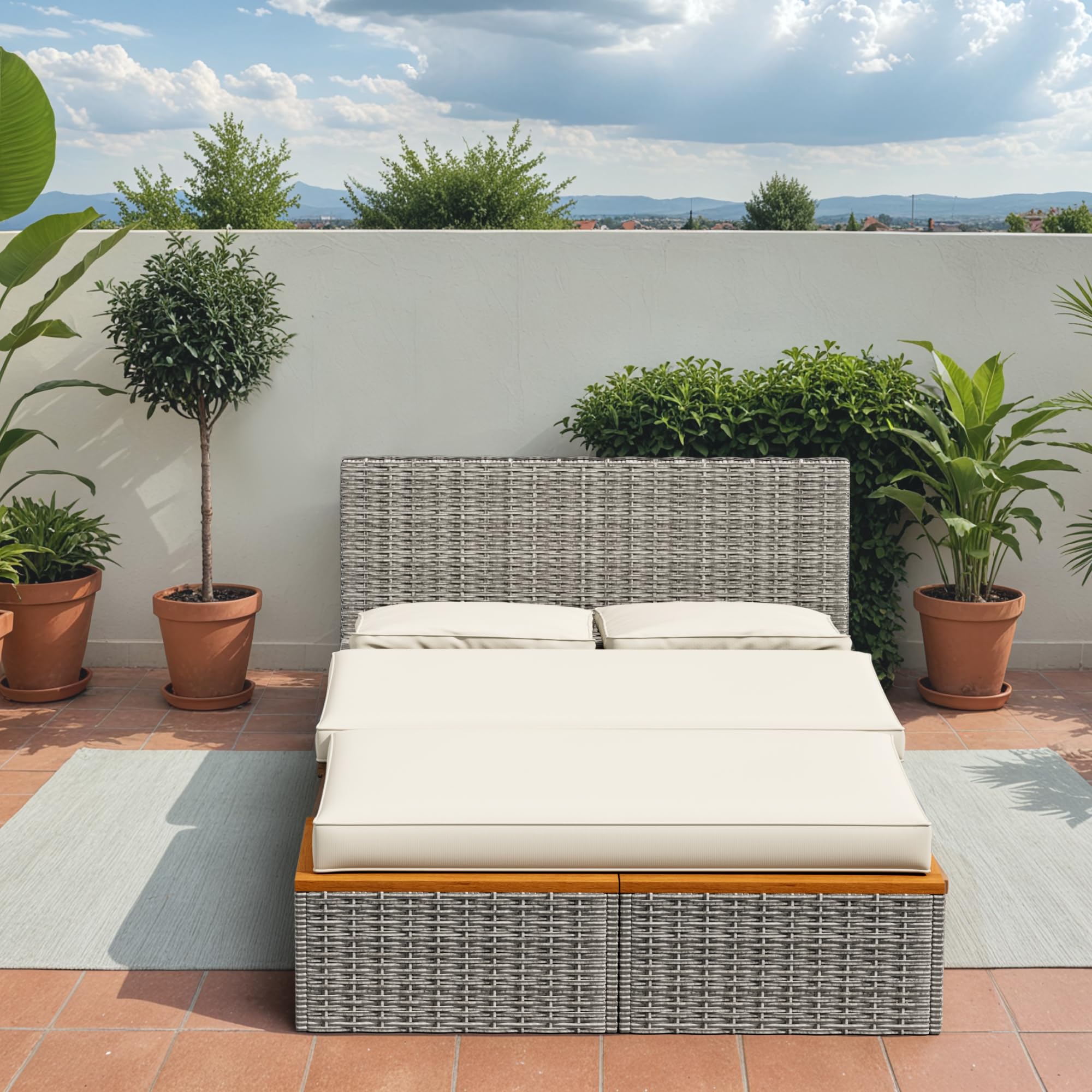 Devoko Outdoor Daybed Set - Multifunctional Patio Lounge Bed with 2 Side Tables, Wicker Rattan Furniture for Backyard, Porch, Poolside, Lawn & Beach (Beige White) - Perfect for Sunbathing, Relaxing & Outdoor Entertaining