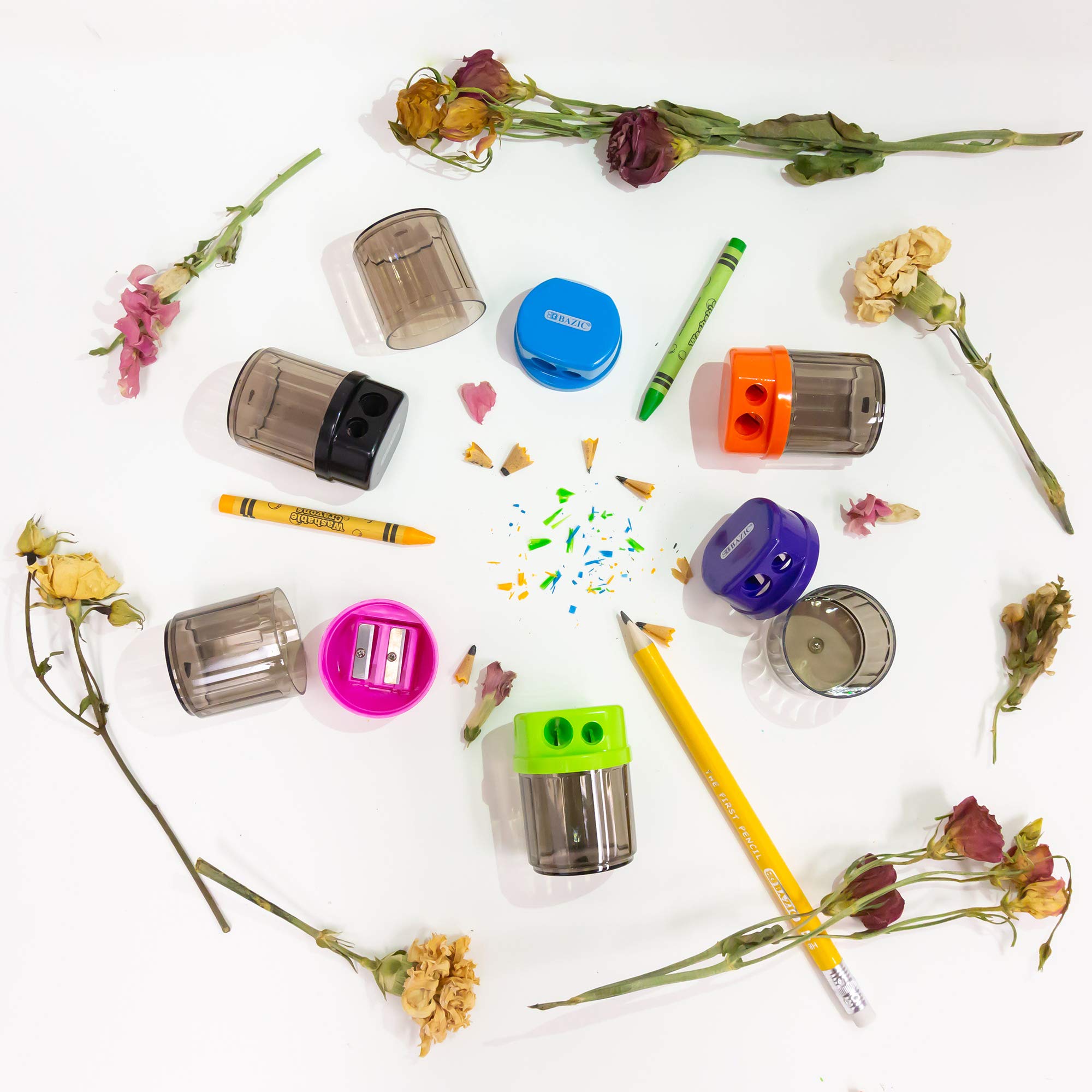 BAZIC Dual Blade Pencil Sharpener with Receptacle - Works with Standard & Jumbo Pencils, Crayons - 24-Pack for Office, School, Art Class & Home Use