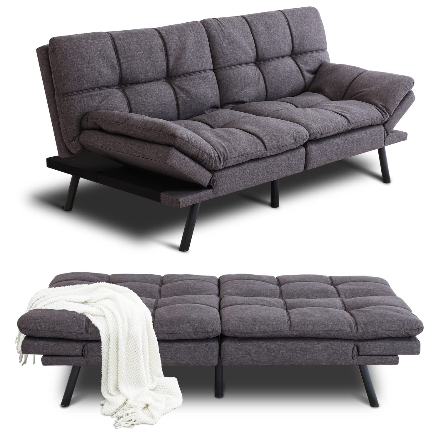 Opoiar Memory Foam Futon Bed - Modern Adjustable Armrest & Backrest Folding Love Seat Sofa for Small Spaces - Convertible Sofa Daybed with Linen Cover - Twin Size Sofa-01 - Perfect for Studio Apartments, Dorms & Guest Rooms