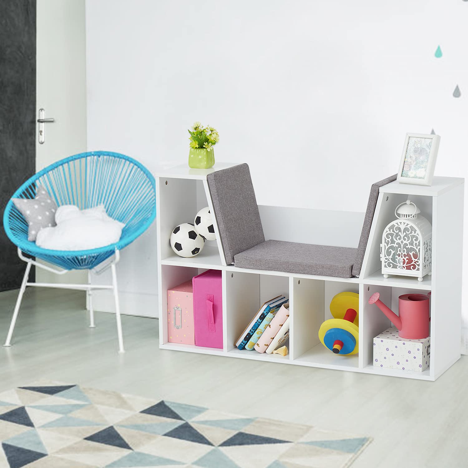 6-Cube White Wooden Bookcase with Reading Nook & Gray Cushion - Kids Storage Organizer for Ages 3-8 - Perfect for Bedroom, Playroom & Homeschool Organization