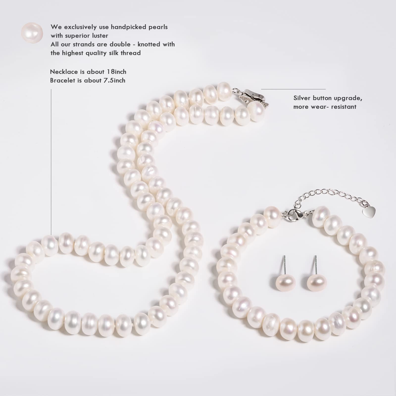 Authentic Freshwater Cultured Pearl Jewelry Set for Women - Elegant Necklace, Bracelet & Stud Earrings | Perfect for Weddings, Anniversaries & Special Occasions