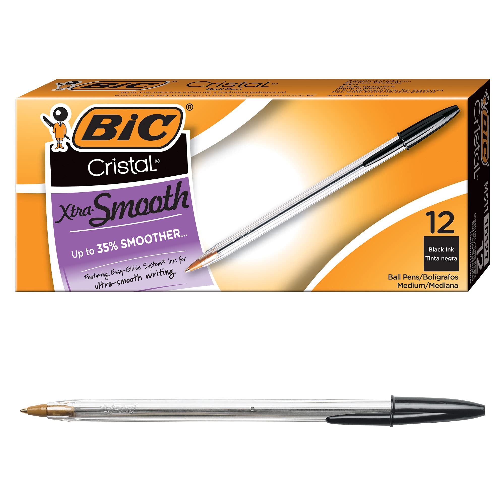 BIC Cristal Xtra Smooth Black Ballpoint Pens - 12 Pack (1.0mm Medium Point) - Ultra Smooth Writing for Office, School & Home Use - Reliable Everyday Pens for Notes, Journaling & Documents