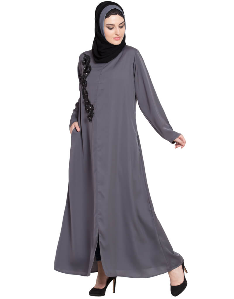 Elegant Arabic Front Zip & Slit Patchwork Nida Abaya in Grey - Perfect for Prayer, Modest Fashion, and Special Occasions