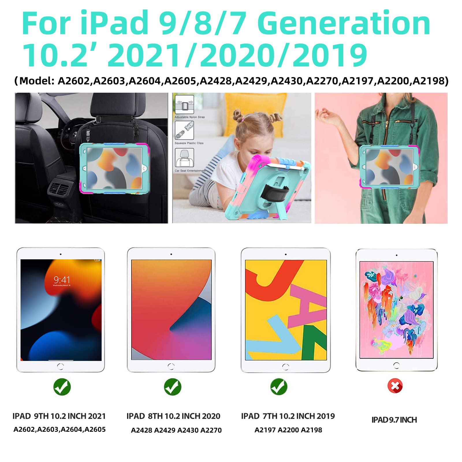 BLOSOMEET iPad Case for 9th/10th Generation 10.2 inch (2021/2020/2019 Models) - Shockproof Kids Protective Cover with Built-in Stand, Pen Holder & Adjustable Shoulder Strap | Includes Tempered Glass Screen Protector | Turquoise Blue | Perfect for School, Travel & Home Use