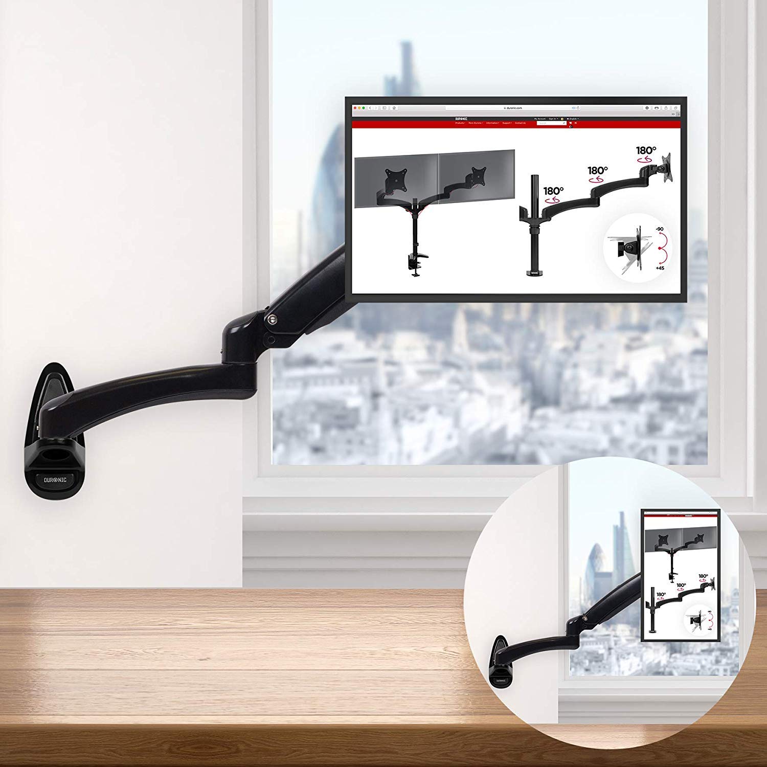 Duronic DM55W1X2 Aluminum Monitor Arm Wall Mount - Adjustable Single PC Screen Bracket for 15