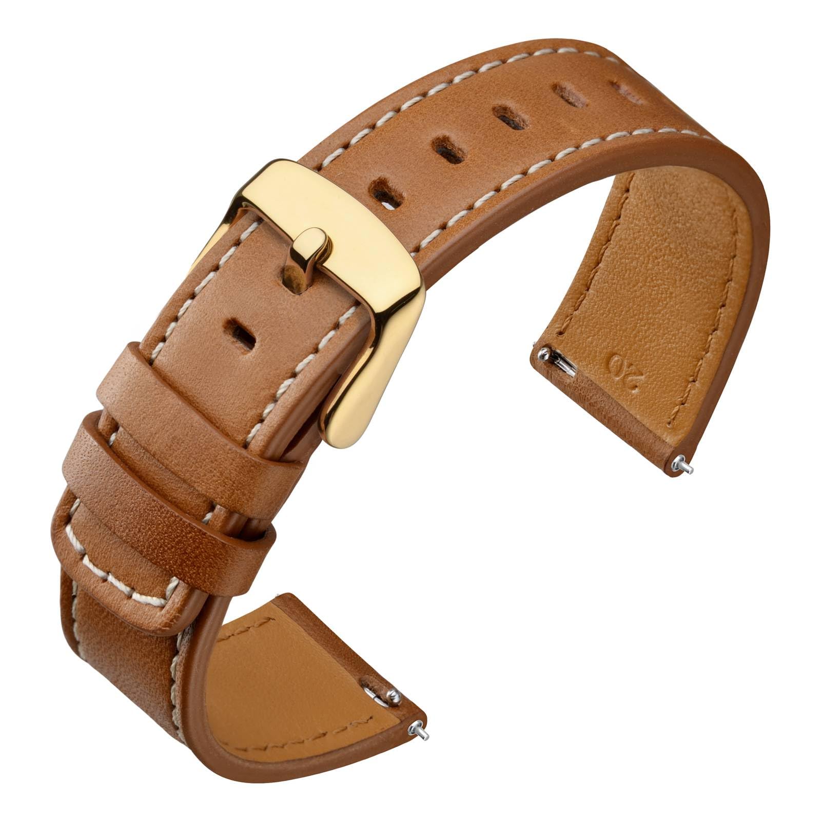 ANNEFIT 21mm Genuine Leather Watch Band with Gold Buckle - Quick Release Replacement Strap (Gold Brown) for Men & Women - Perfect for Dress Watches, Business Attire & Everyday Wear