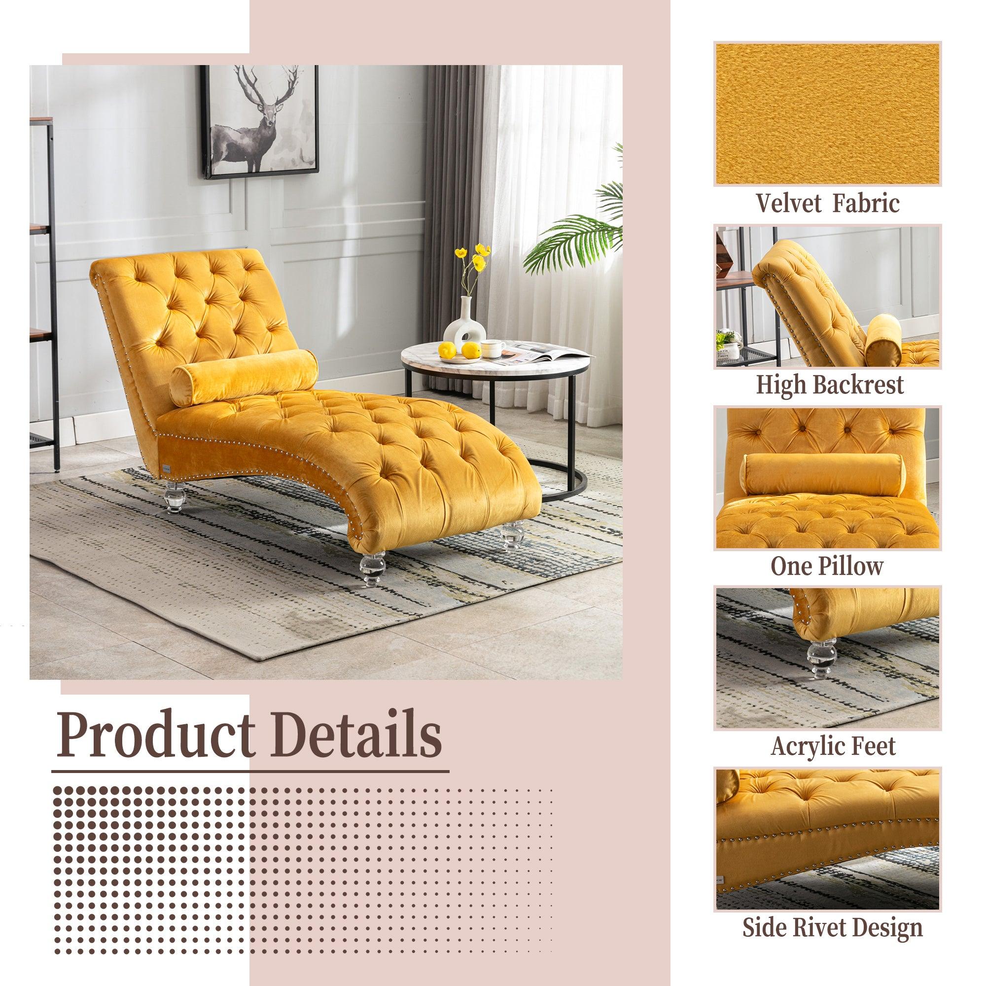COOMORE Velvet Chaise Lounge Chair - Button Tufted Upholstered Sofa with Pillow, Mustard Velvet for Bedroom, Living Room & Office | Perfect for Reading Nook, Lounge Area & Home Decor