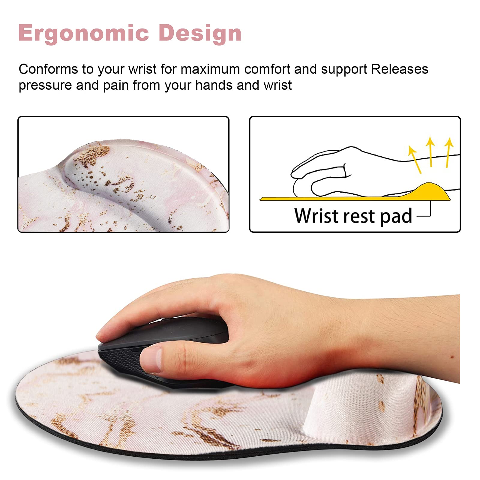 Ergonomic Mouse Pad with Wrist Rest - Gel Support & Non-Slip Rubber Base for Pain Relief - Comfortable Computer Mouse Pad for PC, Laptop, Home & Office Use - Ideal for Gaming, Typing & Long Work Sessions - Pink Marble Design (Women & Men)