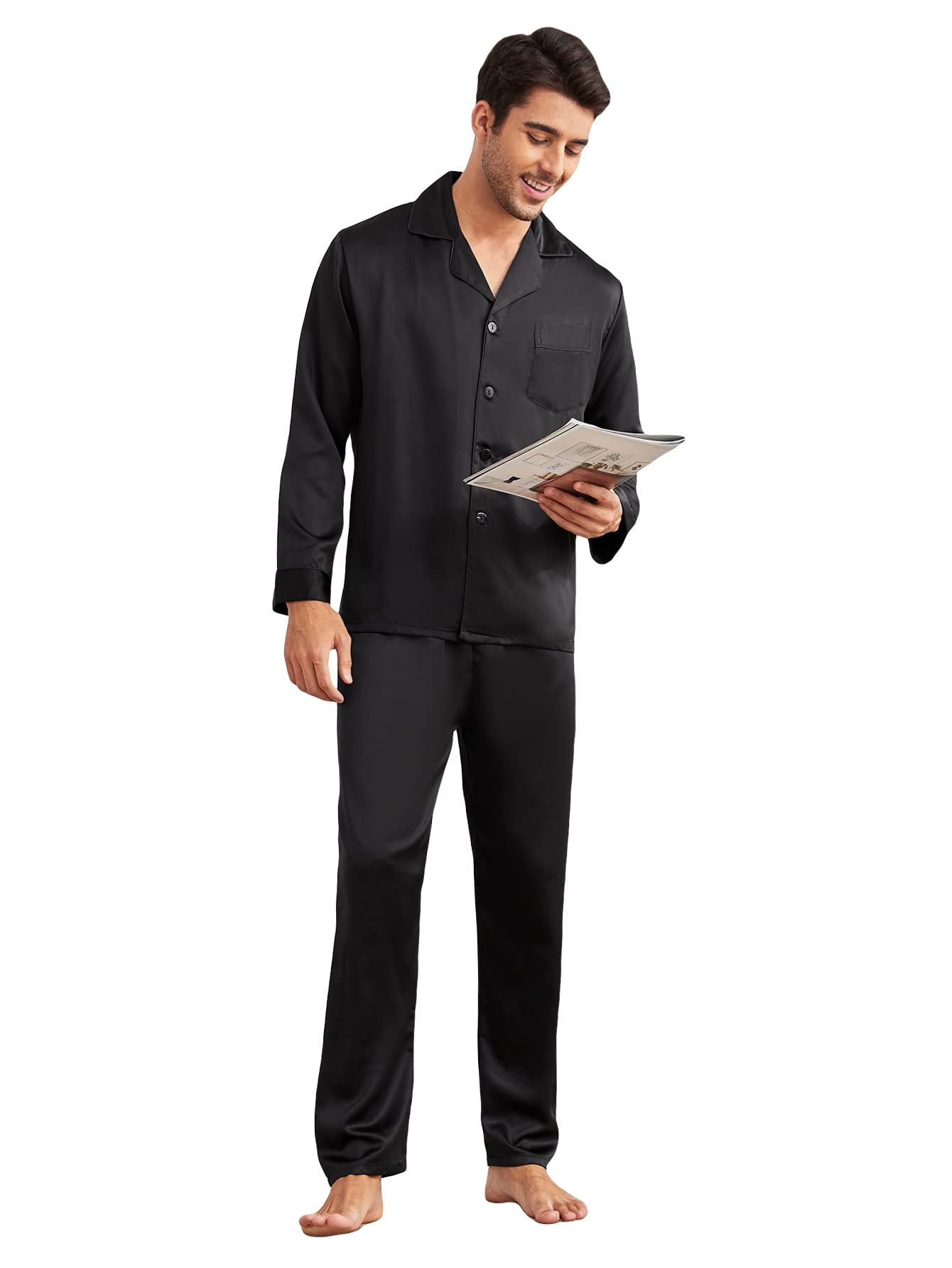 WDIRARA Men's Satin Pajama Set - 2 Piece Button Up Shirt & Pants Sleepwear for Comfortable Lounge Wear - Perfect for Relaxing at Home, Nighttime Sleep & Cozy Weekends