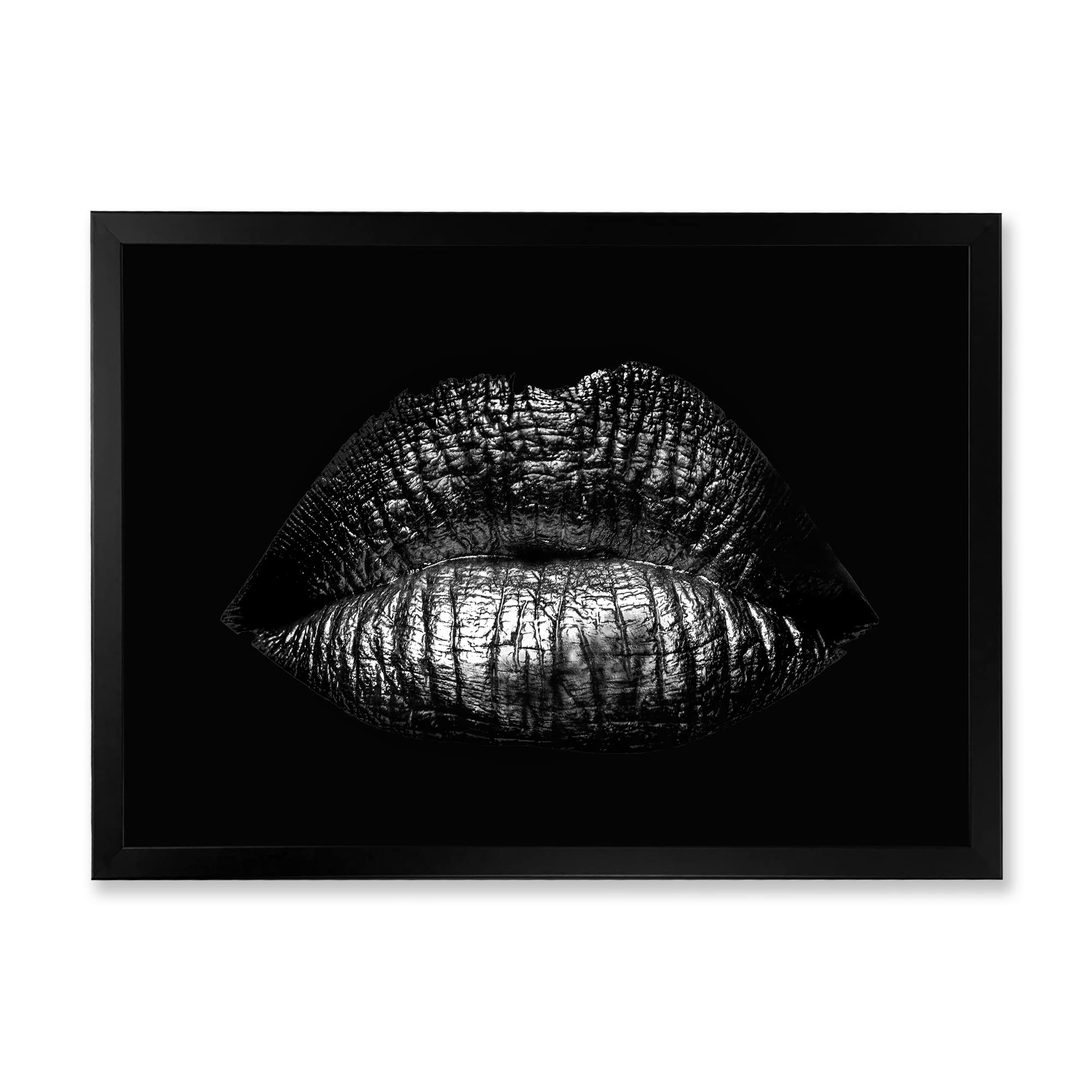 Golden Metallic Lips Wall Art - Modern Framed Female Lips Decor for Living Room, Bedroom & Office - Elegant Home Decor Gift Idea