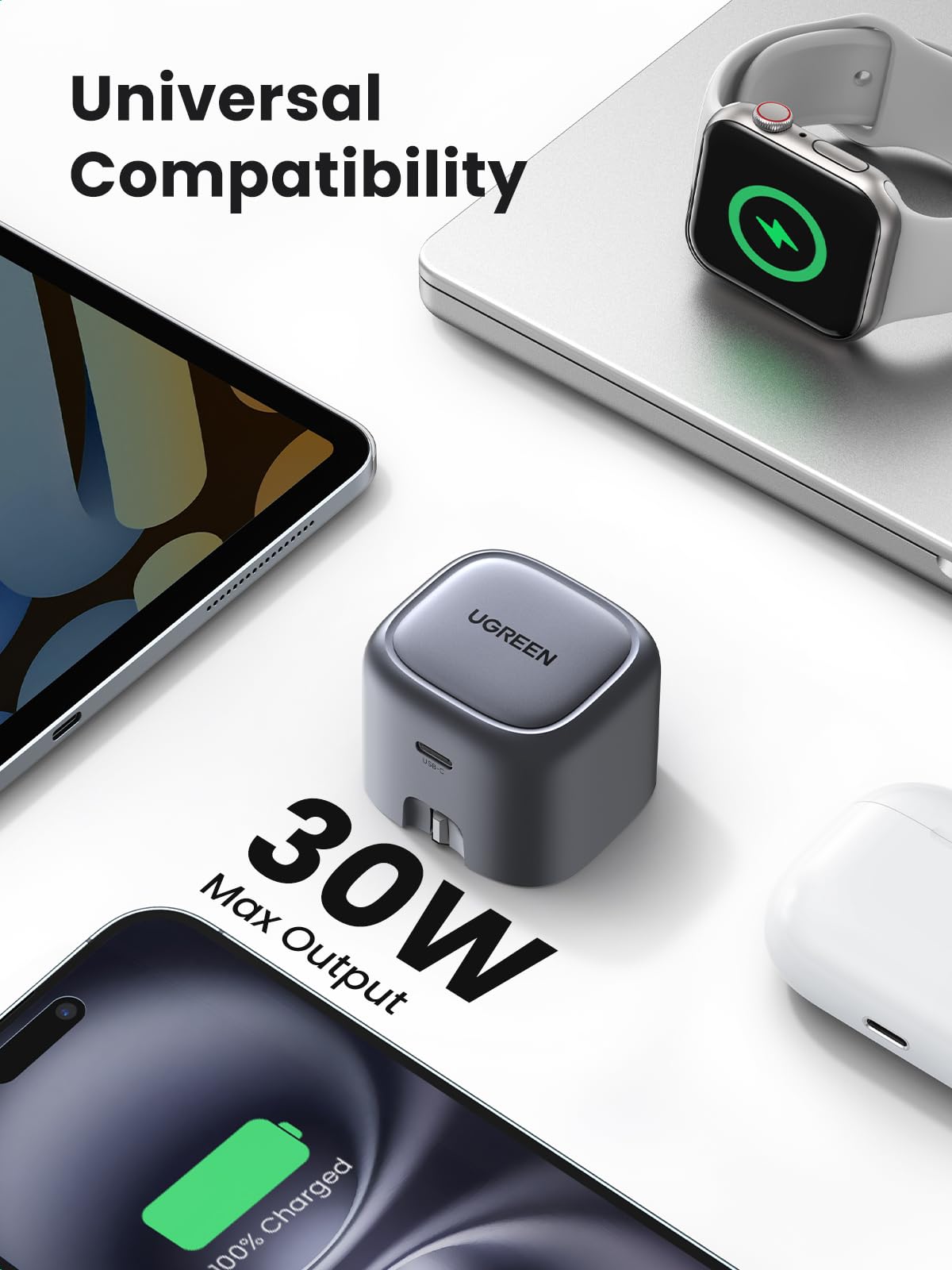 UGREEN Nexode 30W USB C GaN Fast Charger PD 3.0 - Foldable Compact Wall Charger for iPhone 16/15/14/13, iPad Air/Mini, Samsung Galaxy S24/S23, Google Pixel 9/8/7 - Silver Grey - Perfect for Travel, Home & Office Fast Charging