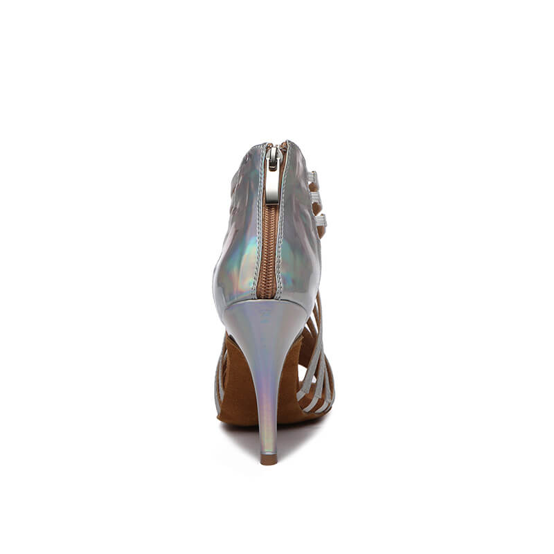Silver Leather Open Toe Strappy Heeled Dance Boots for Women - Sexy Party, Club, Performance & Cosplay Shoes - Comfortable & Stylish Evening Wear