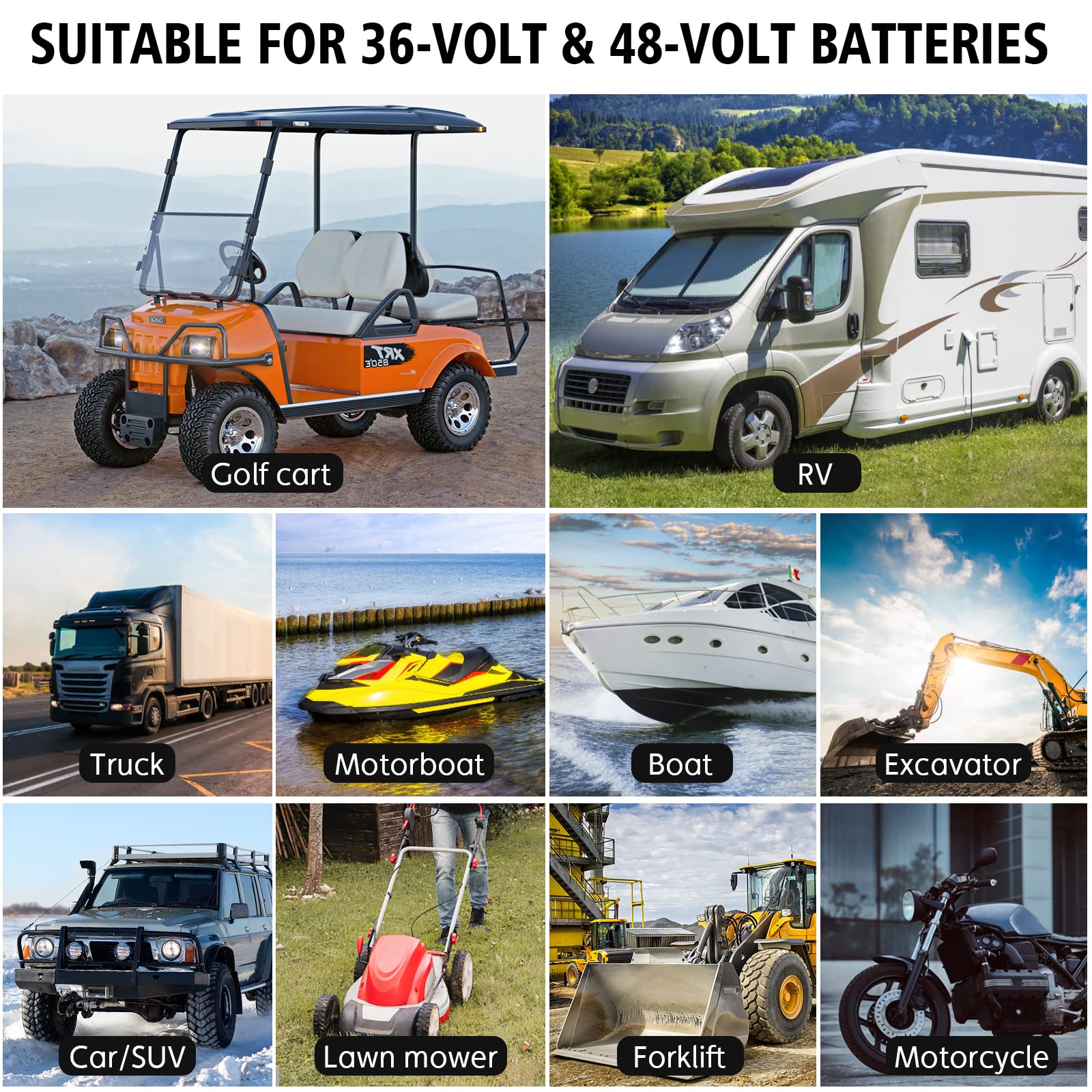 48V 13A & 36V 18A Smart Golf Cart Battery Charger with LCD Display - Lithium/LiFePO4/Lead-Acid AGM/Gel/SLA Trickle Charger - Compatible with EZGO RXV & TXT (3-Pin Triangle Connector) - Perfect for Golf Carts, Electric Vehicles & Marine Batteries