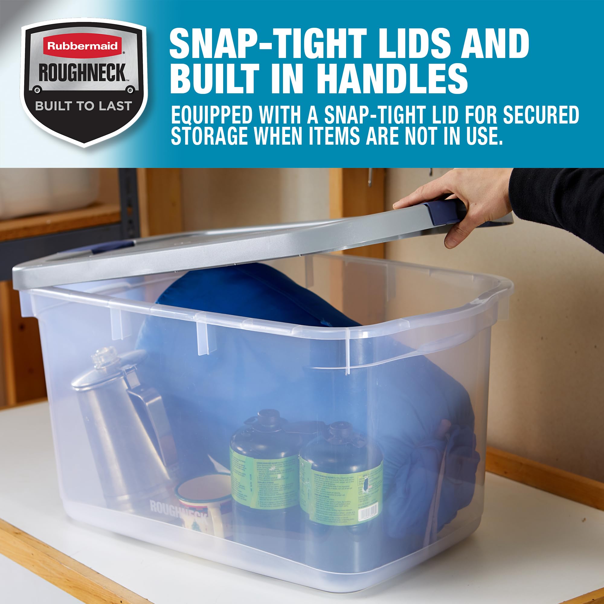 Rubbermaid Roughneck Clear 66 Qt (16.5 Gal) Storage Containers with Latching Grey Lids - 4 Pack, Durable Stackable Bins with Visible Base for Home Organization, Garage, Closet & Office Storage