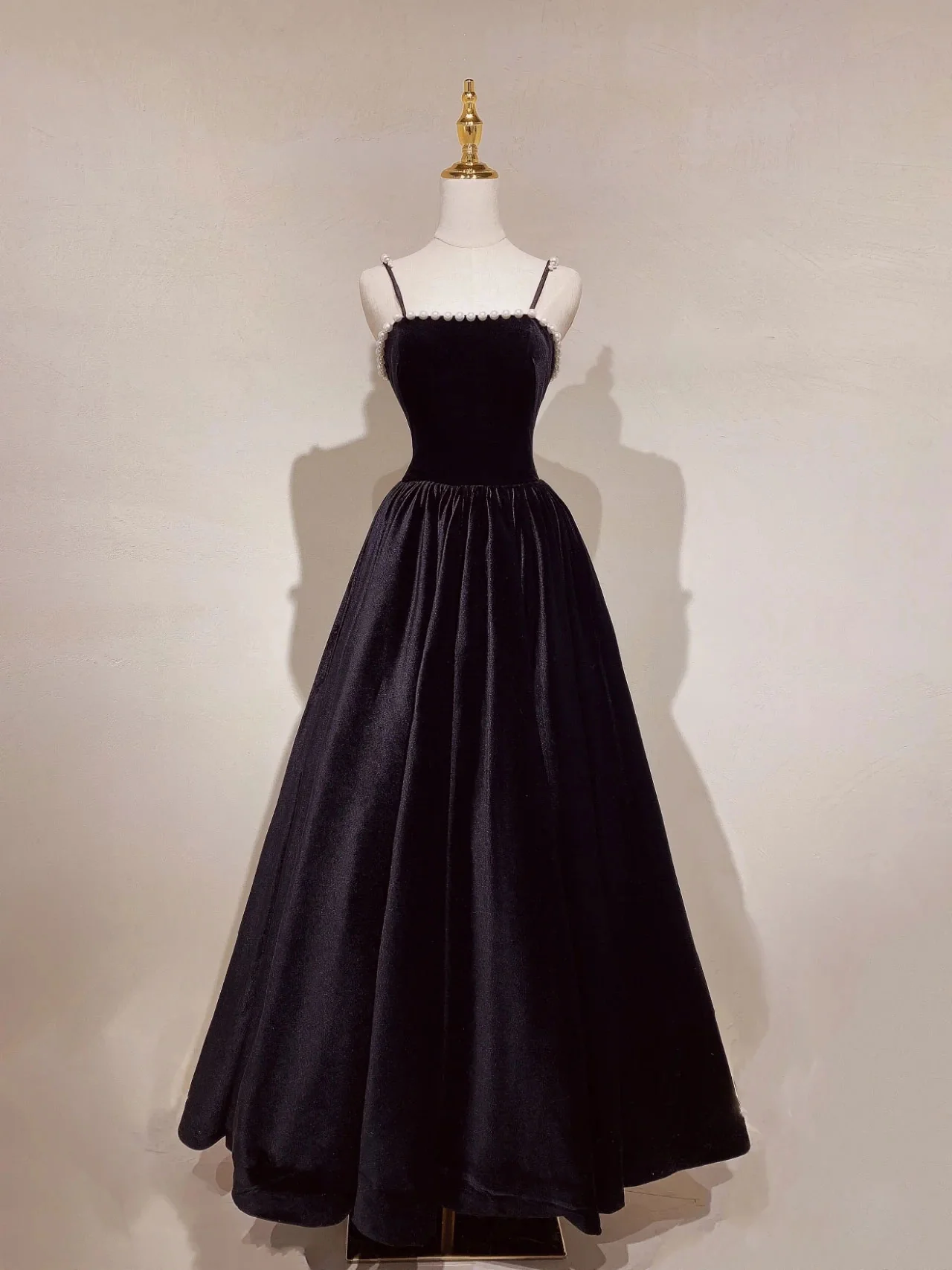 Elegant A-Line Black Velvet Long Prom Dress with Beaded Details - Perfect for Birthday Parties, Homecoming, and Formal Events