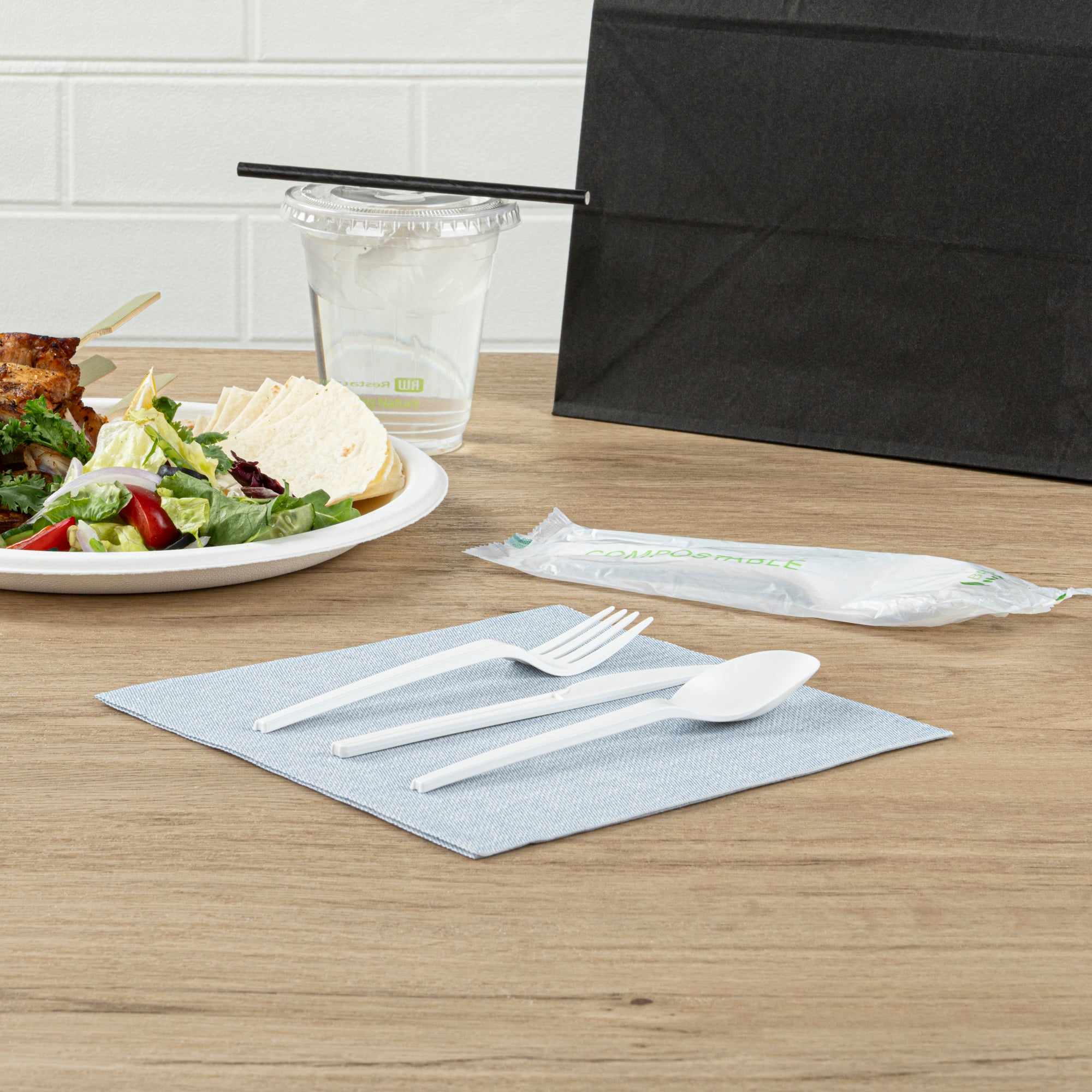 Eco-Friendly Compostable CPLA Plastic Cutlery Set - 100-Piece White Utensils with Heat-Resistant Compostable Wrapper (6.5