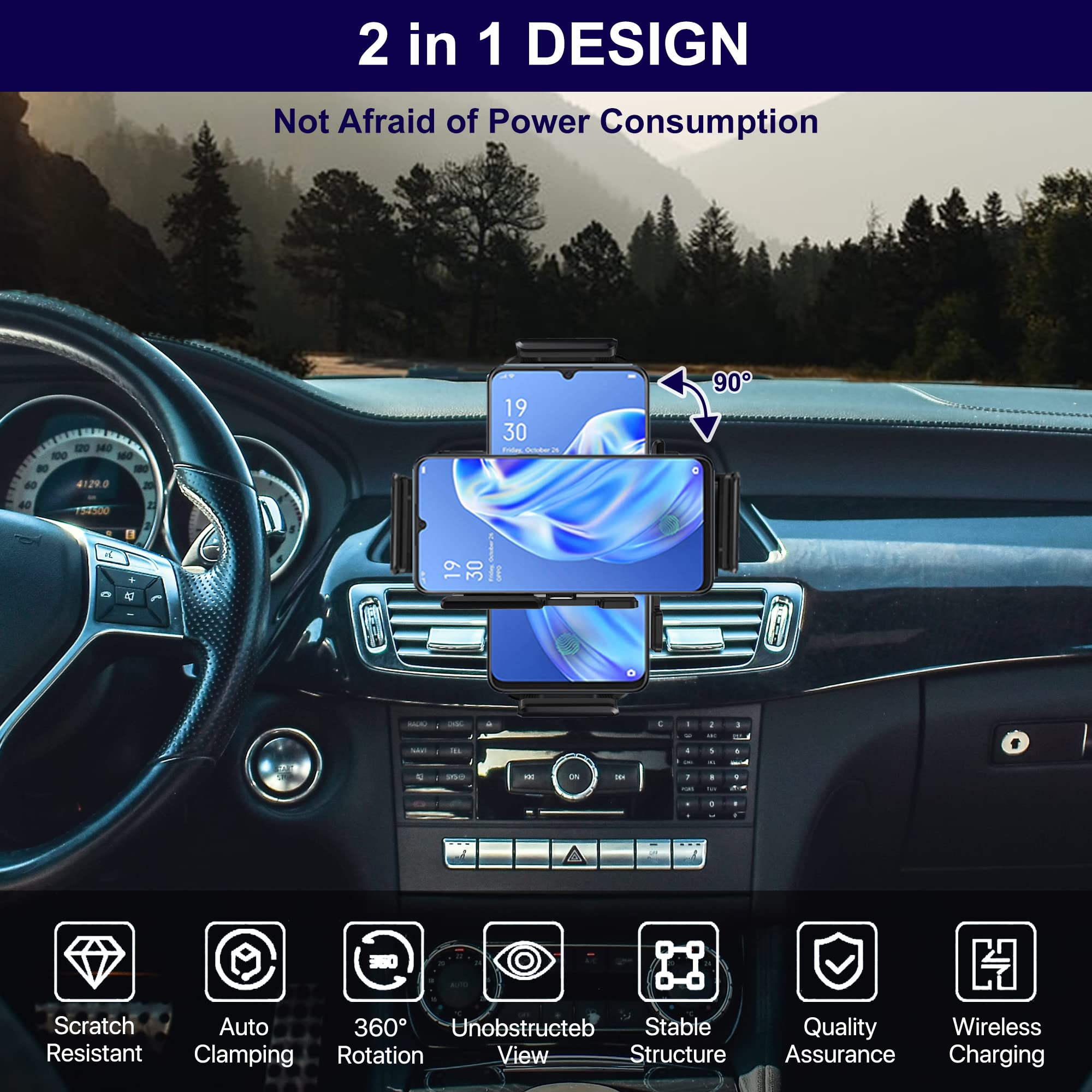 15W Qi Wireless Car Charger Auto-Rotating Dual Coils Fast Charging - Universal Phone Mount Holder for Samsung Galaxy Z Fold 6/5/S24/S23, iPhone 16/15/14 Pro Max, Google Pixel 8/7 Pro - Perfect for Commuting, Road Trips & Hands-Free Driving (L)