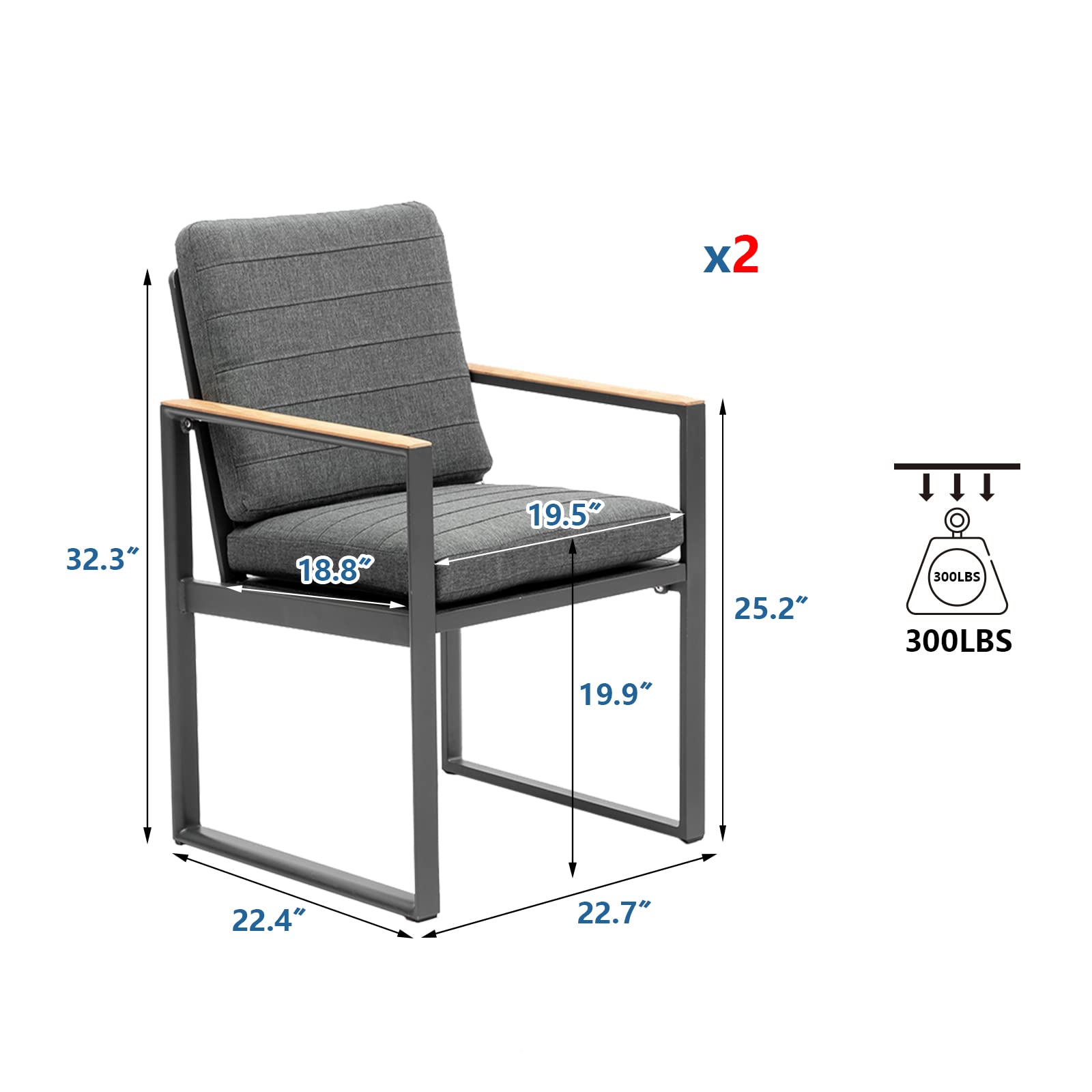 2-Piece Outdoor Dining Chair Set with Seat Cushions - Aluminum Frame & Teak Armrests - Weather-Resistant Patio Furniture for Garden, Backyard, Poolside (Grey)