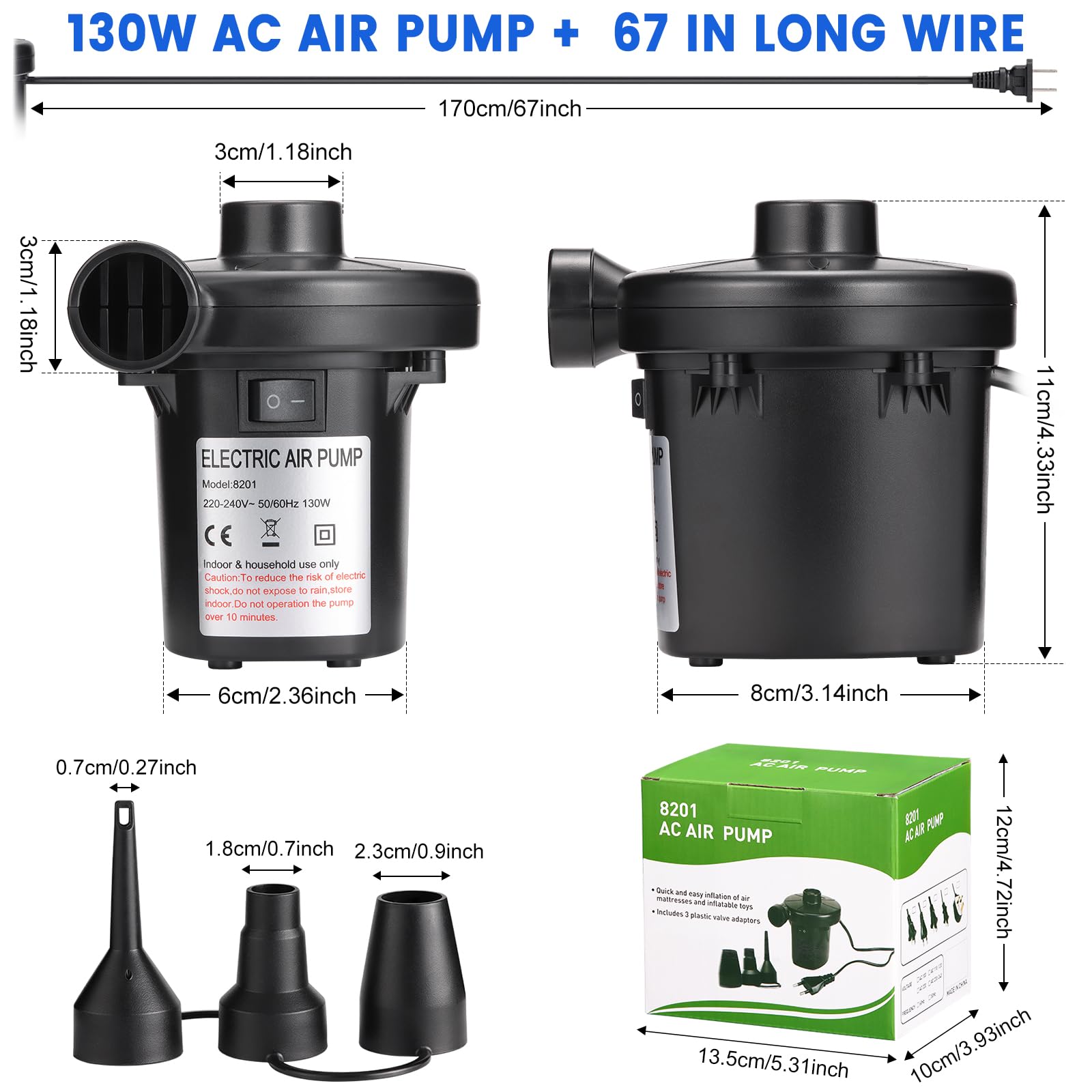**130W Electric Air Pump for Pool Inflatable, AC/110V - Fast Inflator with 3 Nozzles for Air Mattress, Swimming Ring, Inflatable Cushion - Perfect for Outdoor Camping, Beach Trips & Home Use**