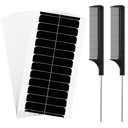 288 Pcs 24 Sheets Double Sided Hair Extension Tape with 2 Rat Tail Combs - Strong Adhesive Replacement Tape & Removable Hair Weft Tabs for Women & Girls (Black) - Perfect for Salon Styling, DIY Hair Extensions & Quick Touch Ups
