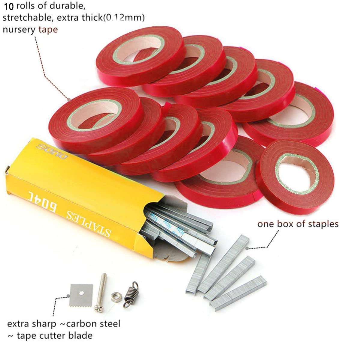Plant Vine Tying Machine Tapener Tool - Garden Plant Tape Binder with 10 Rolls of Tapes (Red) | Perfect for Vineyard, Tomato, Grape & Rose Support | Easy Gardening & Farming Tool