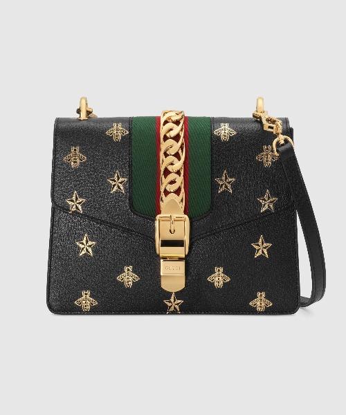 Gucci Sylvie Bee Star Small Shoulder Bag for Women - Luxury Black Leather Crossbody Purse with Gold Chain Strap, Perfect for Date Night, Parties & Special Occasions