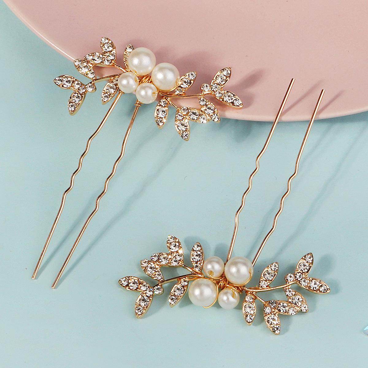 Sparkling Rhinestone Pearl Leaf Hairpin - Elegant U Pin Bridal Headdress for Weddings & Special Occasions (773672582229) | Perfect for Bridal Hairstyles, Prom, and Formal Events
