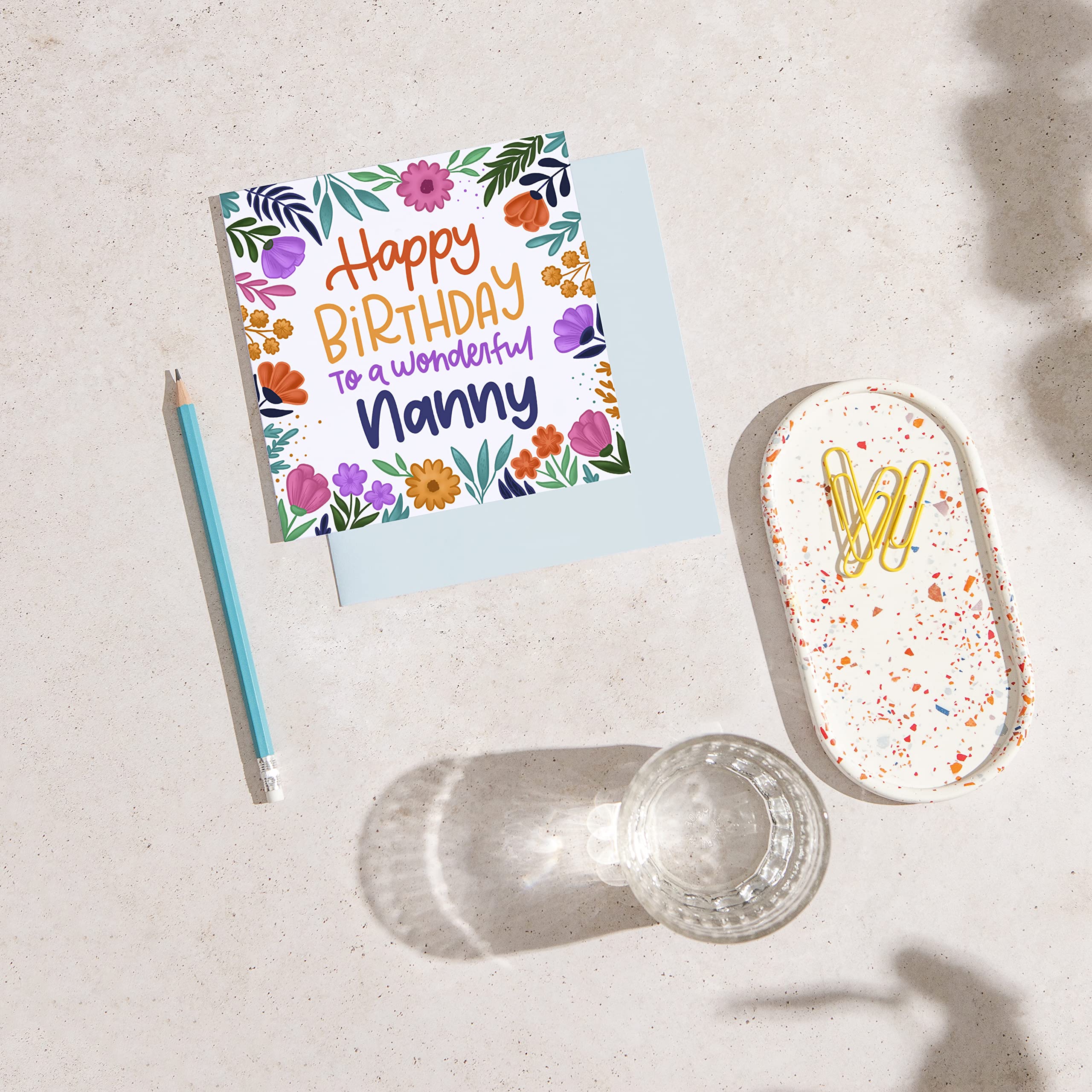 Floral Print Nanny Birthday Card - Elegant Grandma & Nana Birthday Greeting Card for Women - Luxurious Vivid Colors - 5.8 x 5.8 Inch (148 x 148mm) - Perfect Gift for Mother's Day, Grandparents Day & Special Occasions