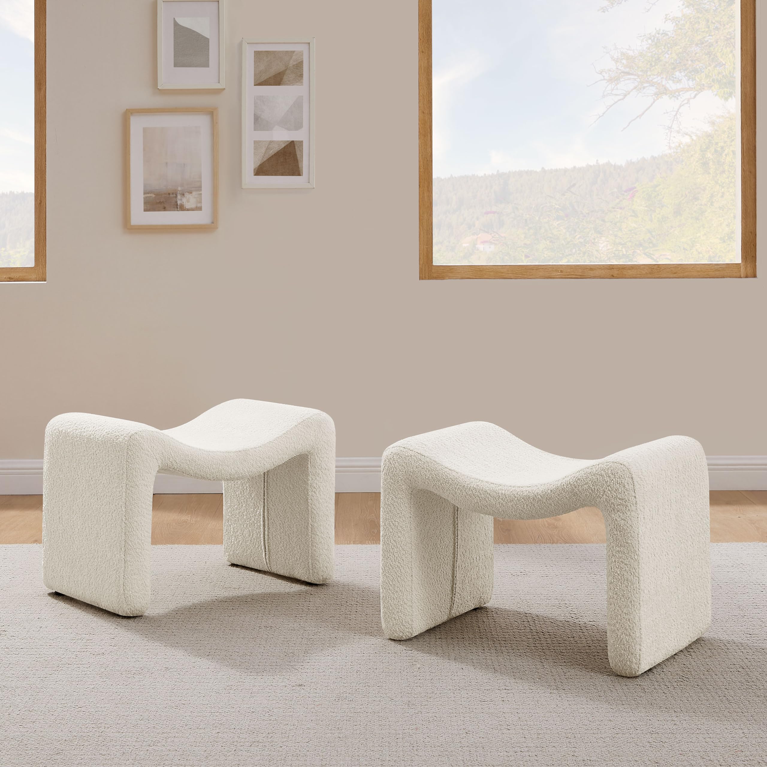 Modern Boucle Ottoman Stool with Wooden Legs - 2-Piece Set for Vanity, Living Room & Entryway - Soft Footrest, Extra Seating & Stylish Home Decor in White