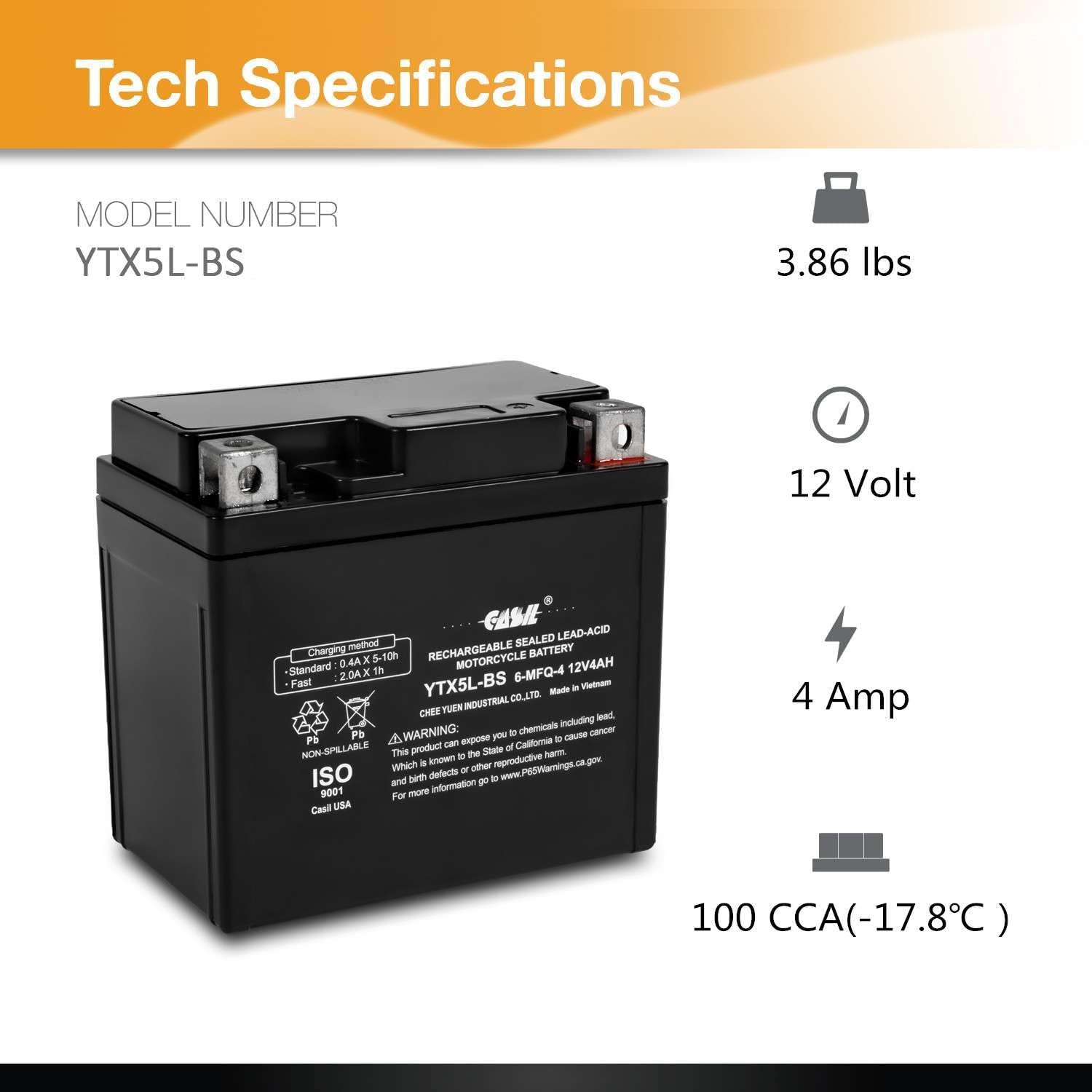 Casil YTX5L-BS 12V 4AH 80 CCA Sealed Lead Acid (SLA) Power Sport Battery for Motorcycles, ATVs, and Scooters - Reliable Replacement Battery for Outdoor Adventures