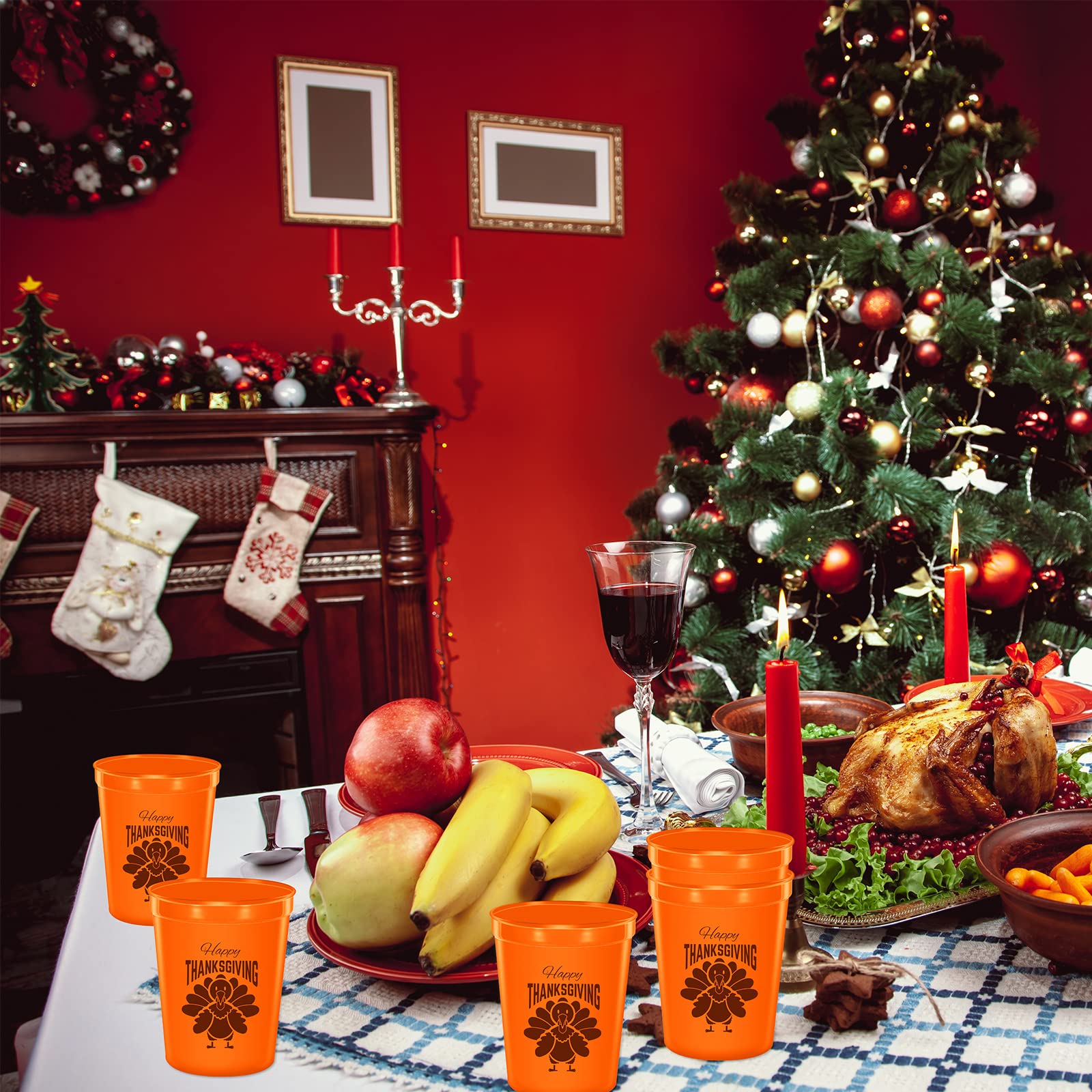Happy Thanksgiving Plastic Party Cups - 12 oz Reusable Orange & Black Turkey Design Tumblers (48-Pack) - Perfect for Thanksgiving Dinner, Friendsgiving, and Holiday Party Supplies