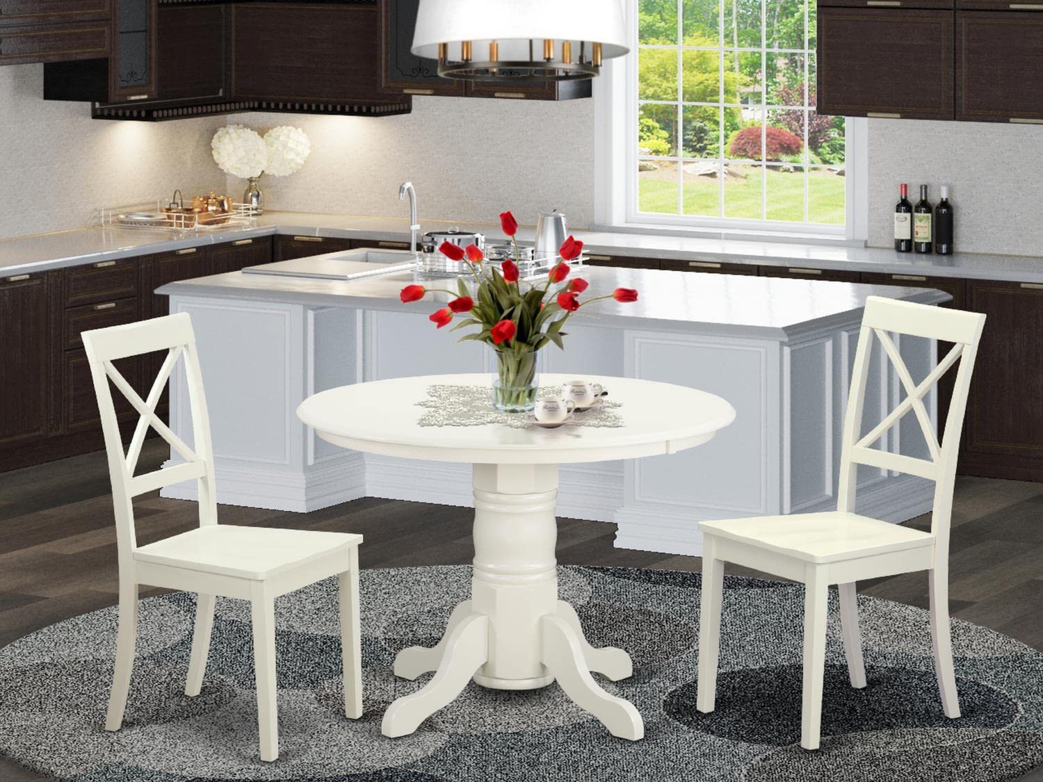 East West Furniture SHBO3-WHI-W 3-Piece Round Dinette Set with Pedestal Table & 2 Chairs for Small Spaces, 42x42 Inch, Linen White - Perfect for Compact Apartments, Breakfast Nooks & Cozy Dining Areas