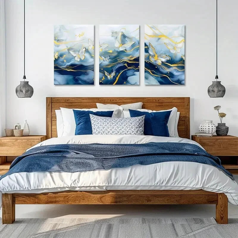 3-Piece White and Gold Butterflies on Blue and White Metal Wall Art - Ready to Hang Home Decor for Living Room, Bedroom, or Office