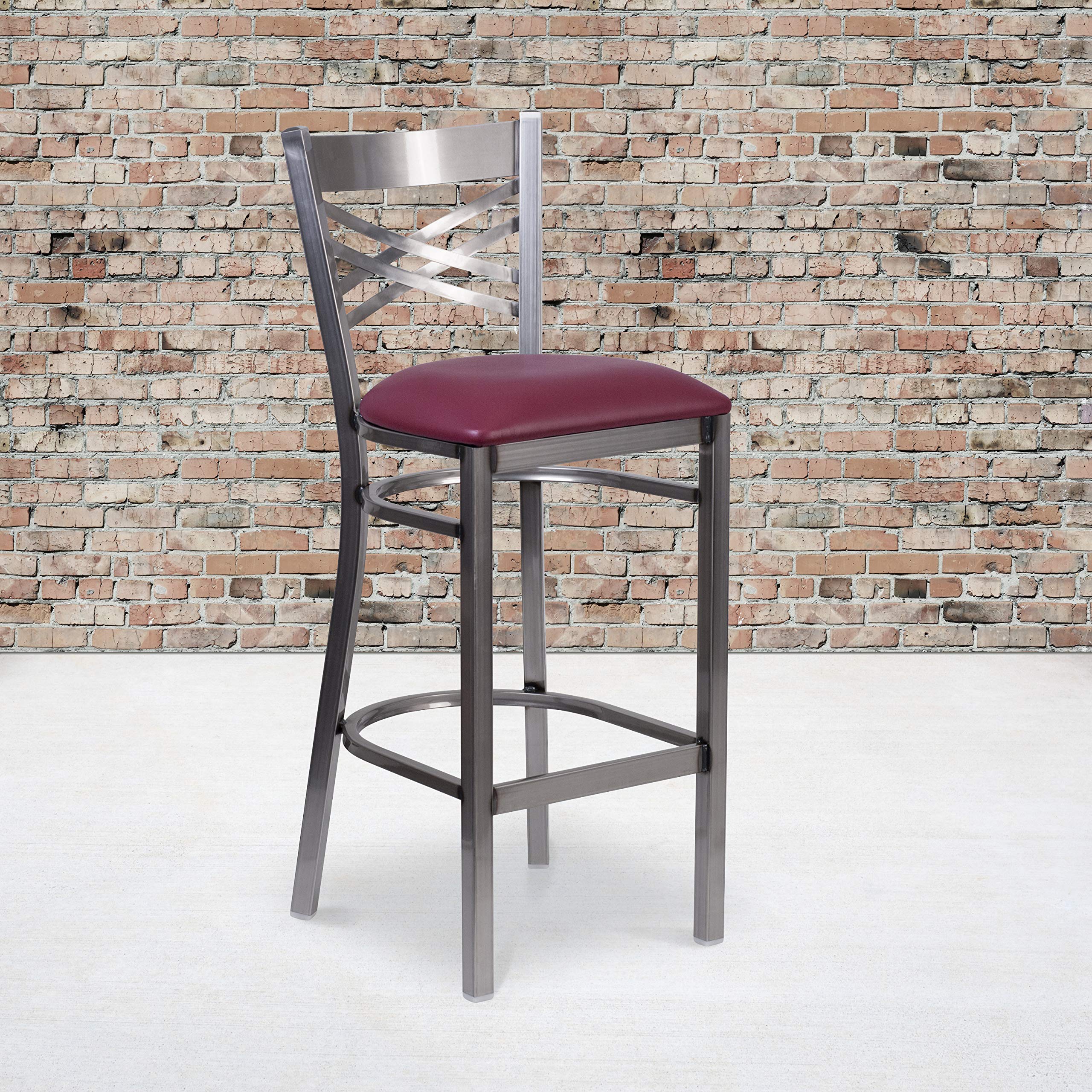 2 Pack Clear Coated X-Back Metal Bar Stools with Burgundy Vinyl Seat - Heavy Duty Counter Height Stools for Kitchen Island, Restaurant, Bar & Home Decor