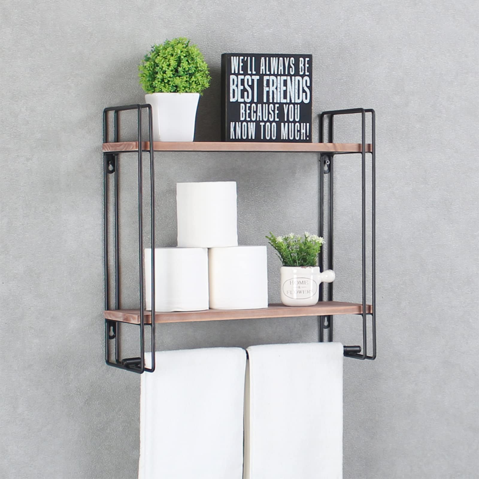 Industrial Rustic Pipe Bathroom Shelves Wall Mounted - Farmhouse Towel Rack with Wood Shelf & Towel Bar, Metal Floating Shelves for Toilet Storage (Black) - Perfect for Small Bathrooms, Farmhouse Decor & Space-Saving Organization